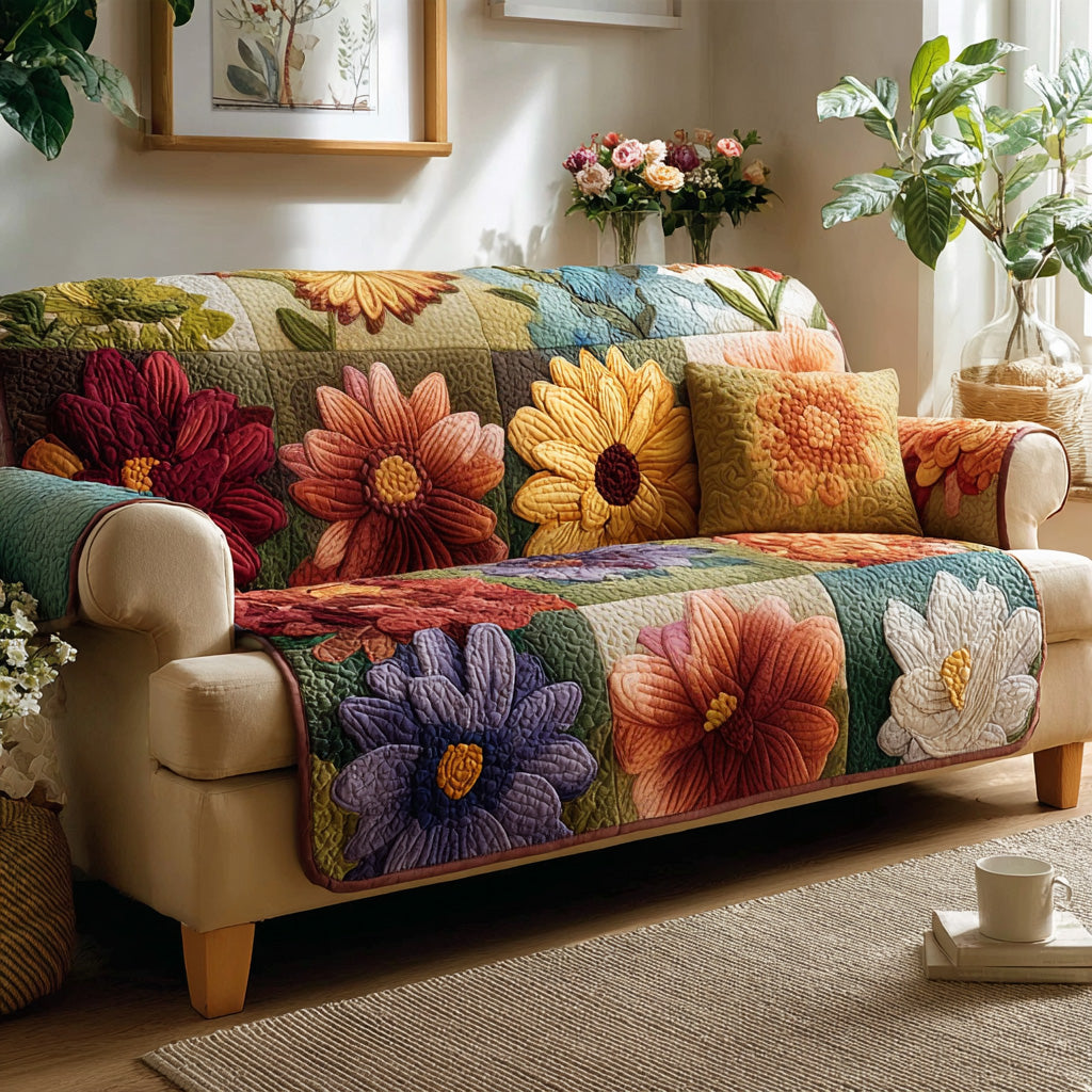 Harvest Florals Quilted Sofa Cover Neutral Room Decor Gift For Room Lovers - Tradiviet