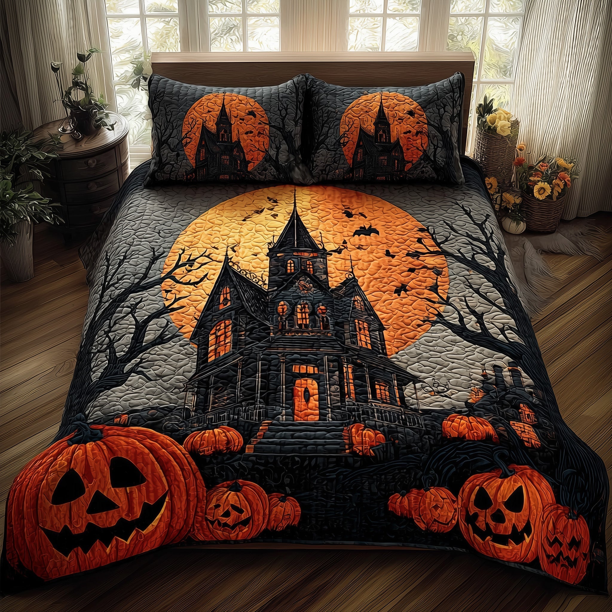 Haunted House Quilted Bedding Set Haunted House Impression Gift For House Lovers - Tradiviet