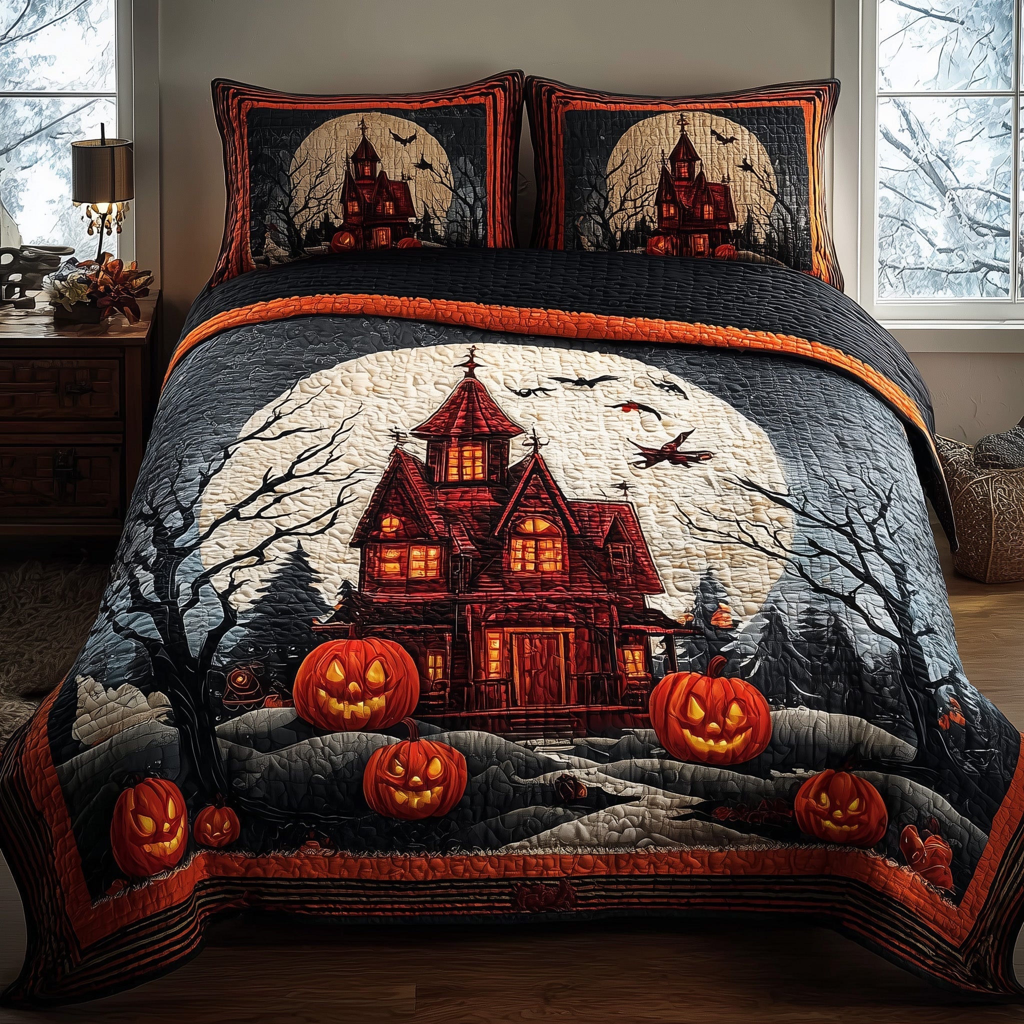 Haunted House Quilted Bedding Set Haunted House Interior Gift For Haunted Lovers - Tradiviet