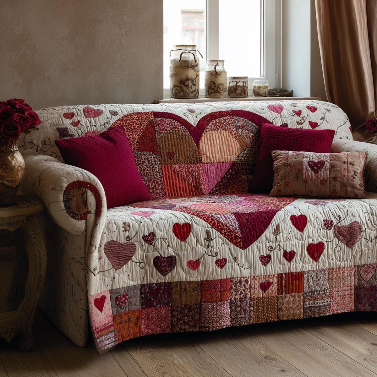 Heart Garden Quilted Sofa Cover Best Slip Covers For Furniture Family Valentine Day Ideas - Tradiviet