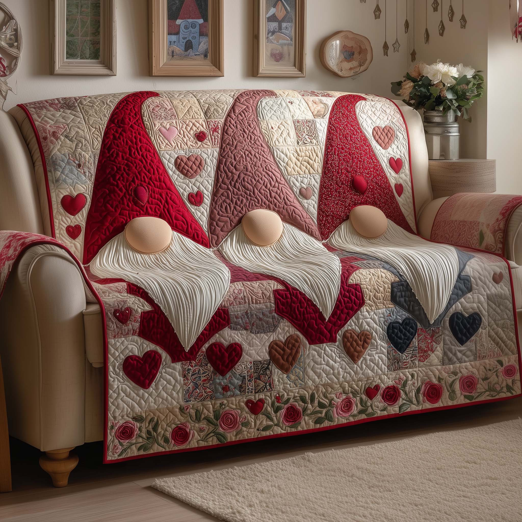 Heart Garden Quilted Sofa Cover Romantic Home Couch Cover Gifts For Living Rooms - Tradiviet
