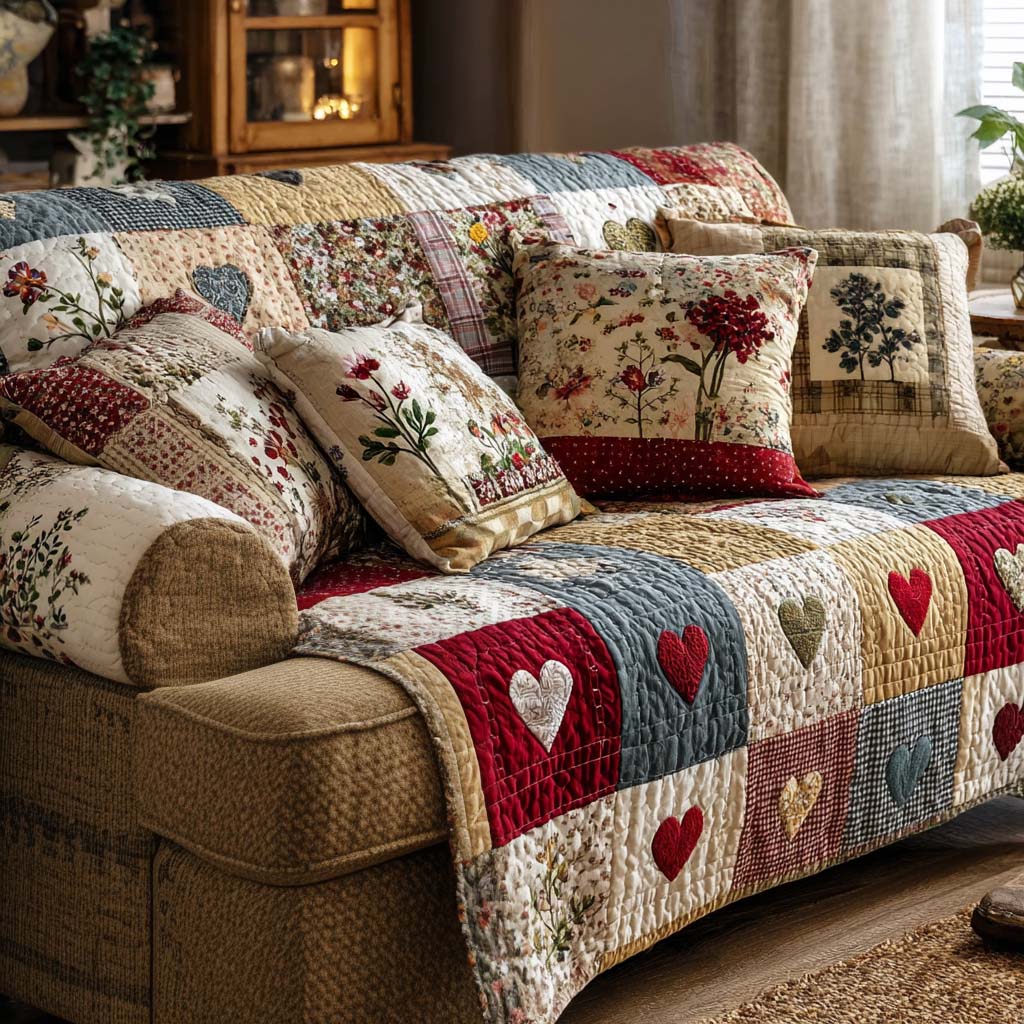 Heart Patch Bliss Quilted Sofa Cover Modern Room Decor Cute Room Decor Gifts - Tradiviet