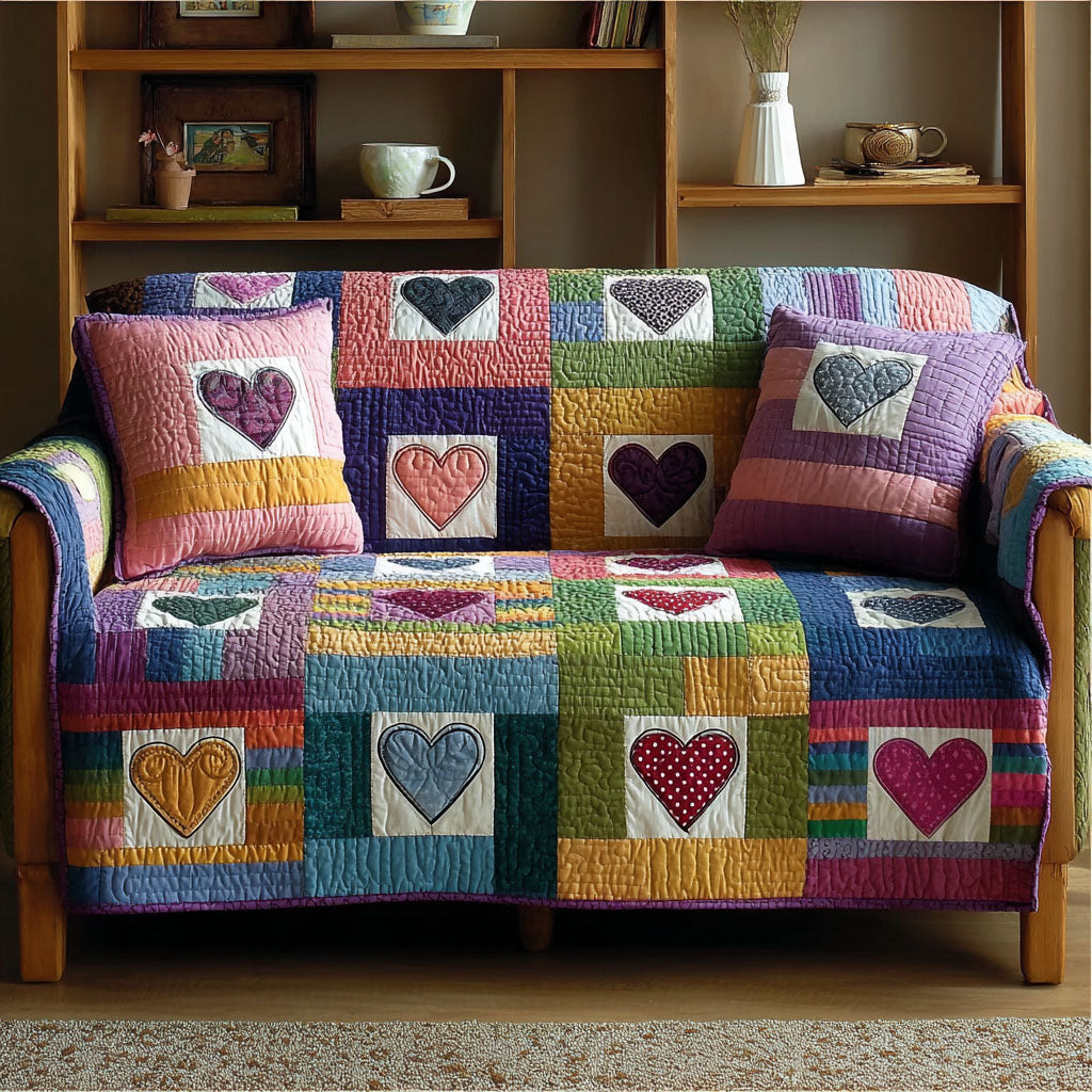 Heart Patchwork Quilted Sofa Cover Boho Home Room Decor Great Housewarming Gift Ideas - Tradiviet