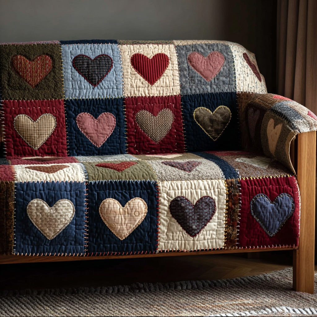Heart Patchwork Quilted Sofa Cover Cute Room Decor Cozy Housewarming Gift Ideas - Tradiviet