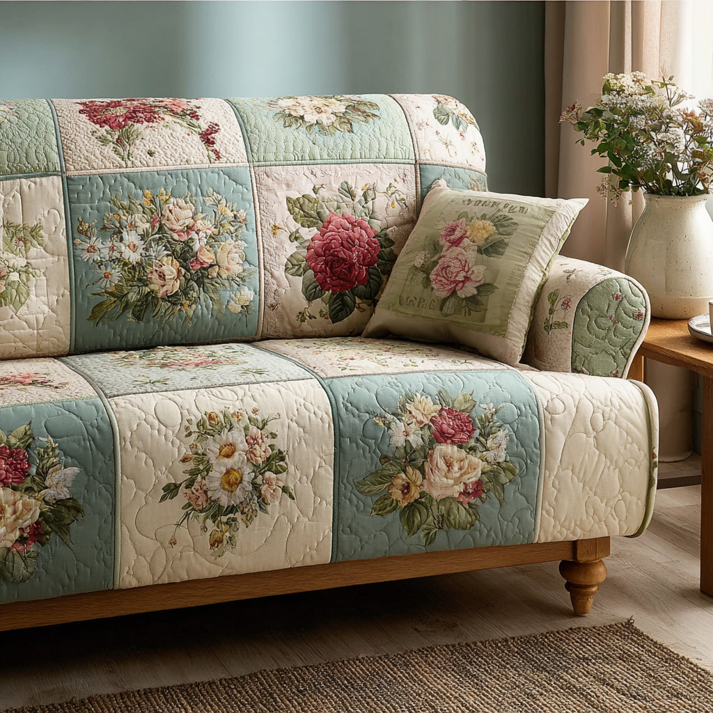Heirloom Blooms Quilted Sofa Cover Elegant Room Decor Presents For New Home - Tradiviet