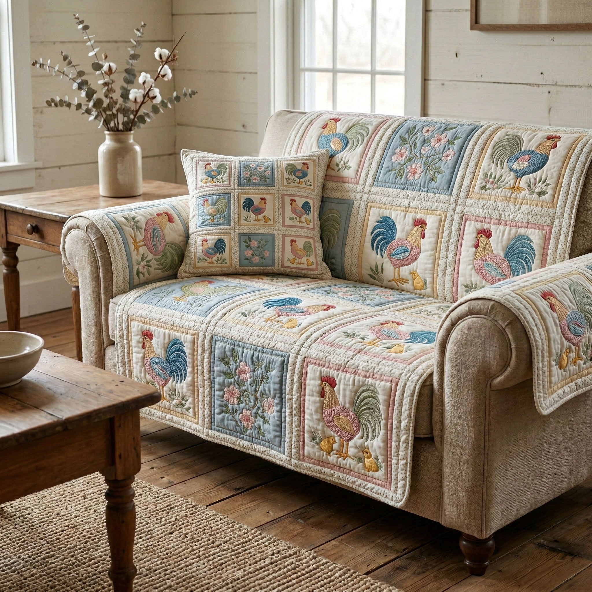 Heirloom Rooster Squares Quilted Sofa Cover Sofa Seat Protector Gifts For People With Chickens - Tradiviet