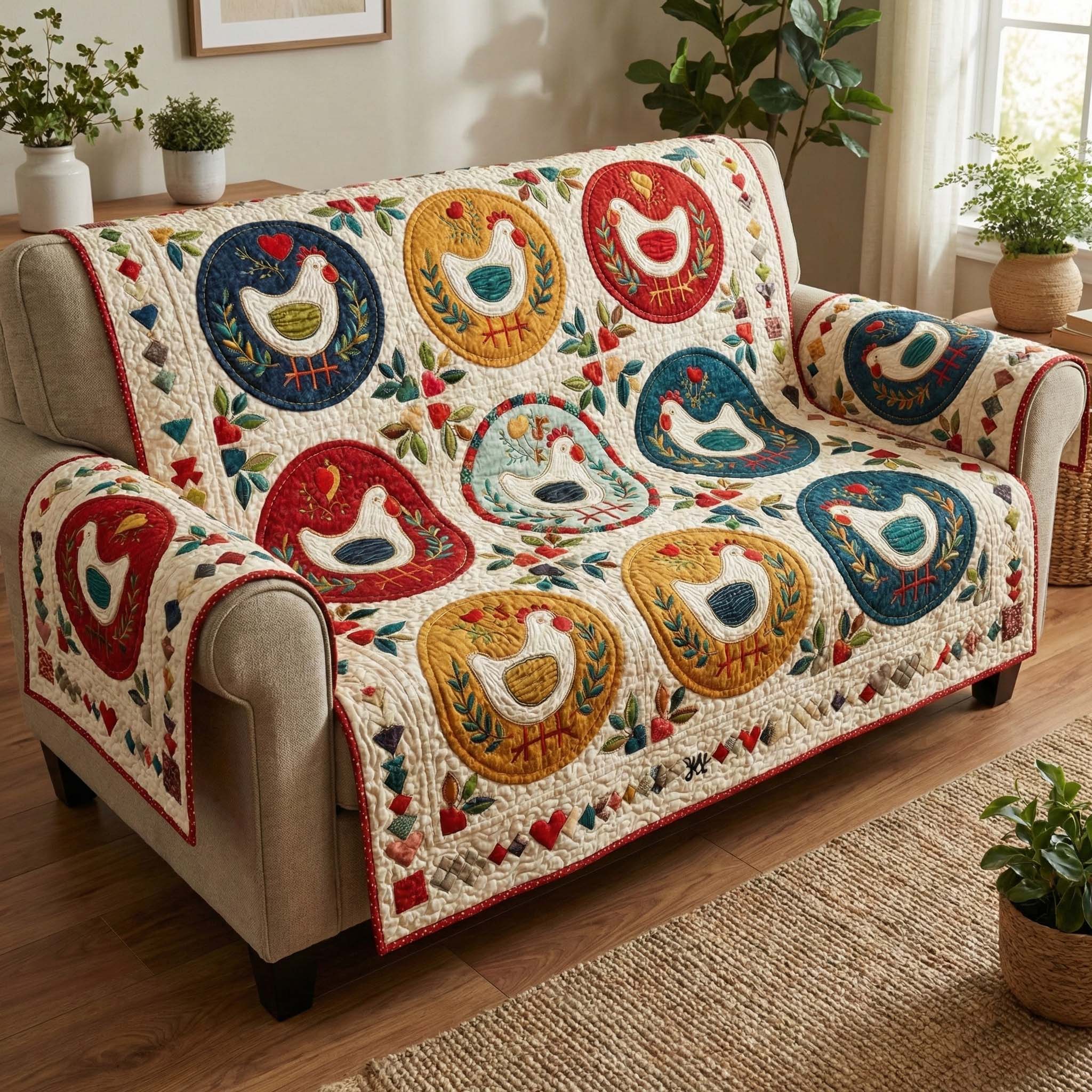 Hen Garden Quilted Sofa Cover Farmhouse Home Couch Cover Deer Gifts For Him - Tradiviet