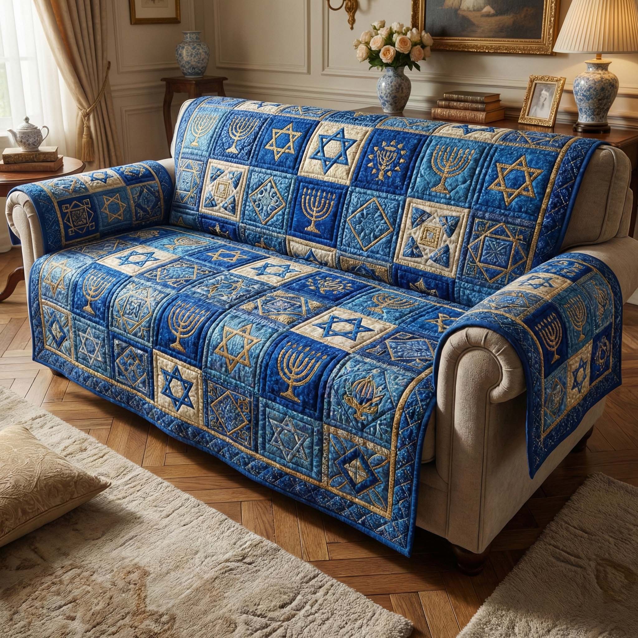 Heritage Blue Quilted Sofa Cover Tribal Home Couch Cover Present For Home Lovers - Tradiviet