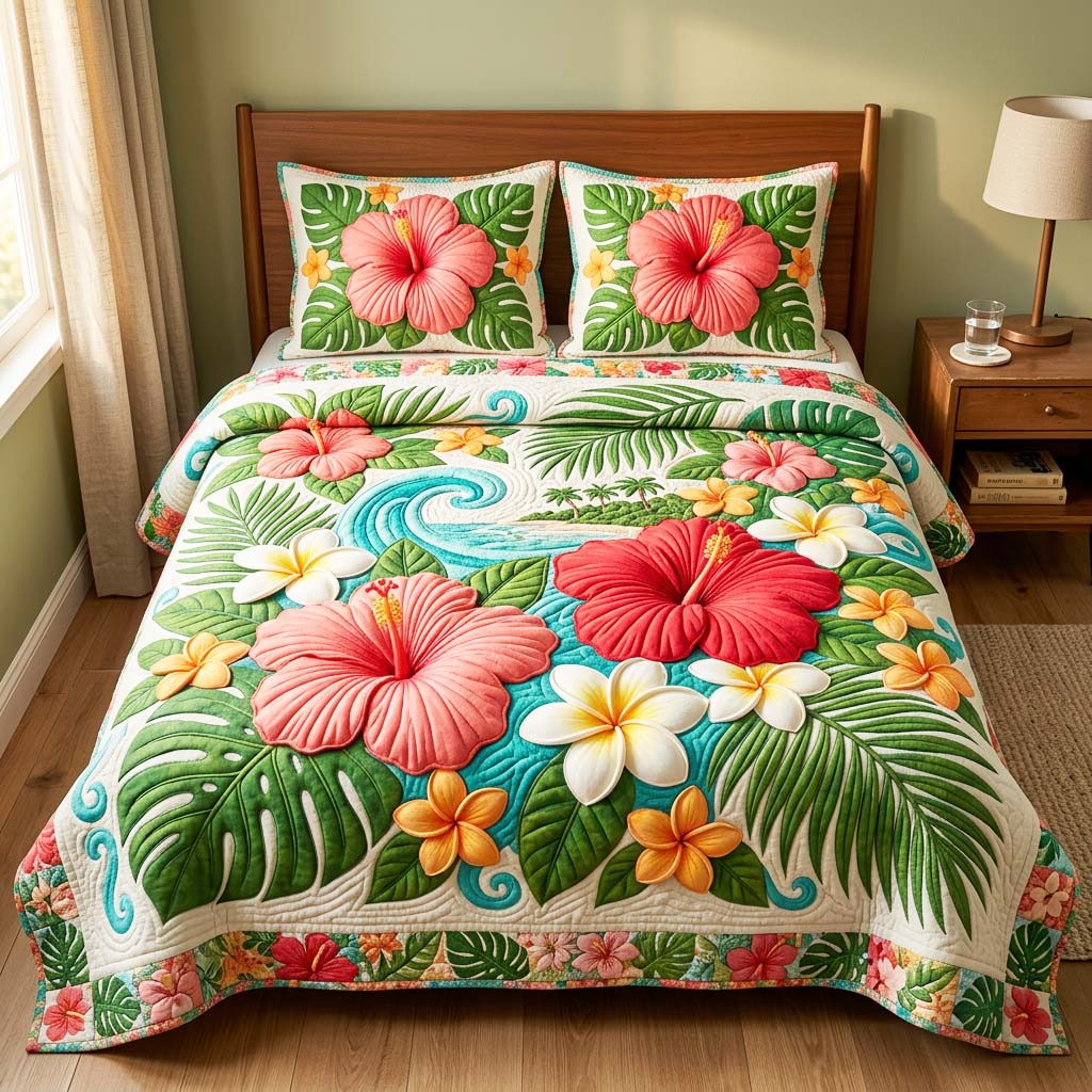 Hibiscus Bloom Quilted Bedding Set Hibiscus Bloom Journey Gift For Hibiscus Bloom - Tradiviet