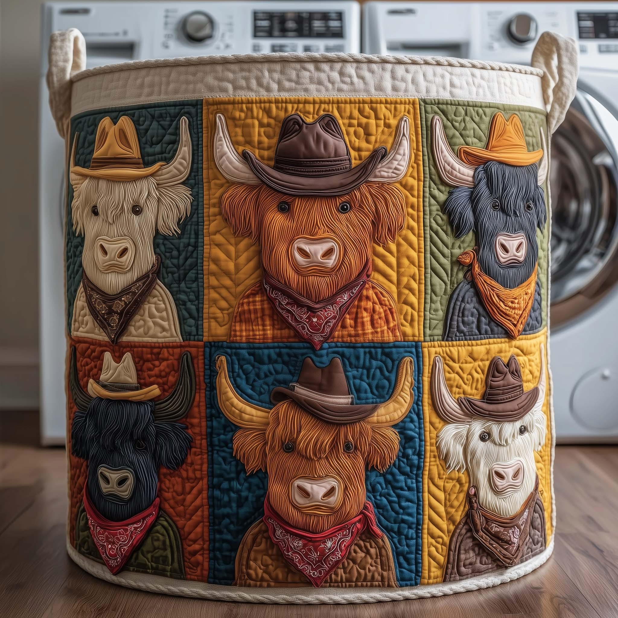 Highland Cow Quilted Laundry Basket Western Themed Hamper Basket Gifts For Cow Lovers - Tradiviet