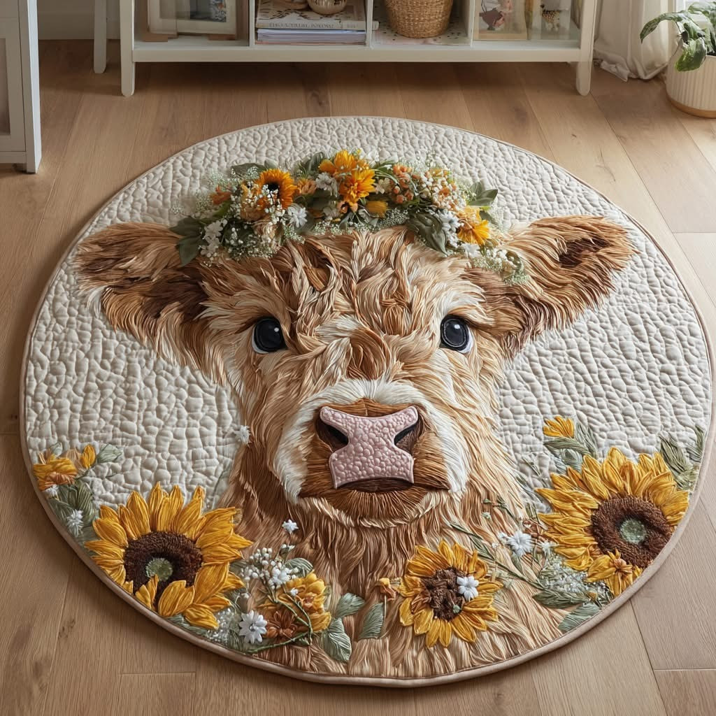 Highland Cow Sunflower Quilted Round Mat Circle Rug Decorations Christmas Gifts For Her - Tradiviet