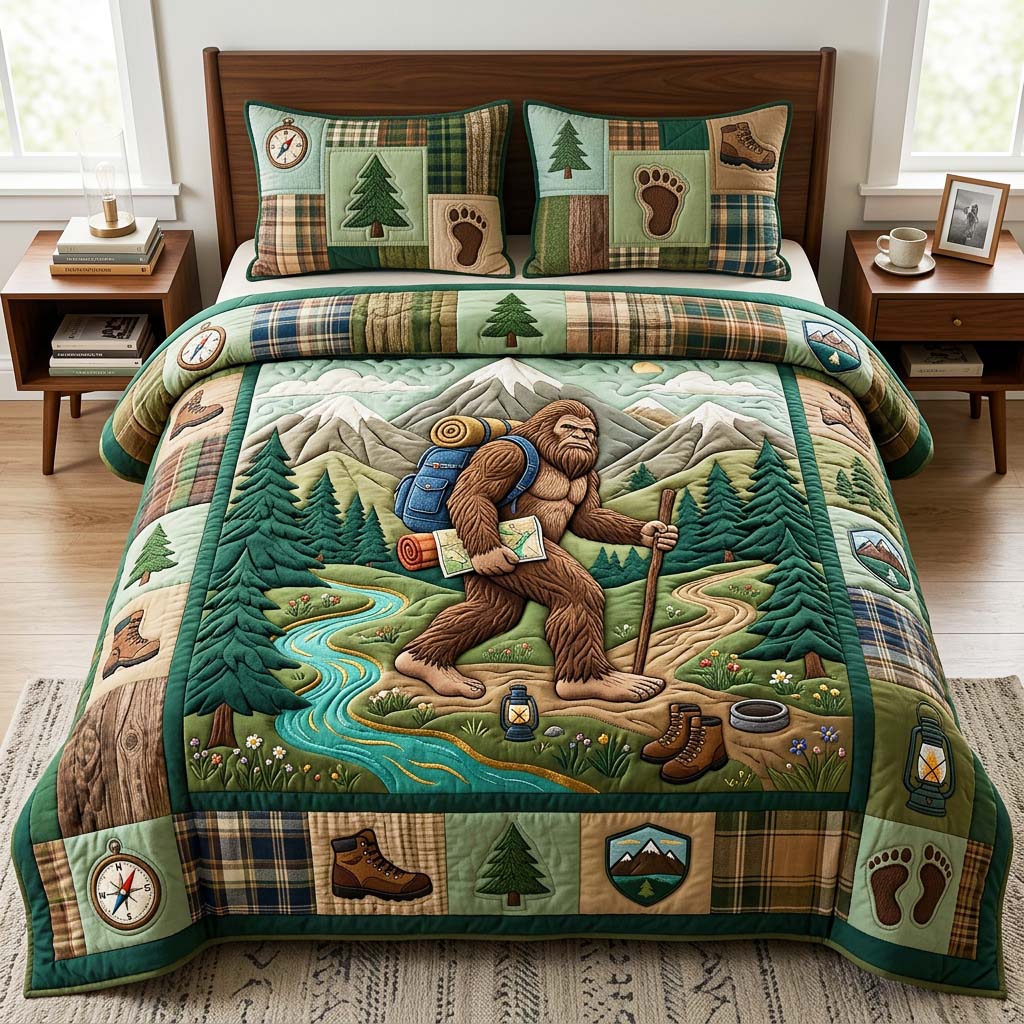 Hiking Bigfoot Quilted Bedding Set Hiking Bigfoot Landscape Gift For Hiking Bigfoot - Tradiviet