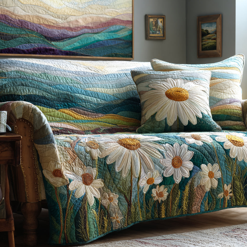 Hillside Daisy Quilted Sofa Cover Couch Cushion Covers Flower Daisy Presents Gifts - Tradiviet