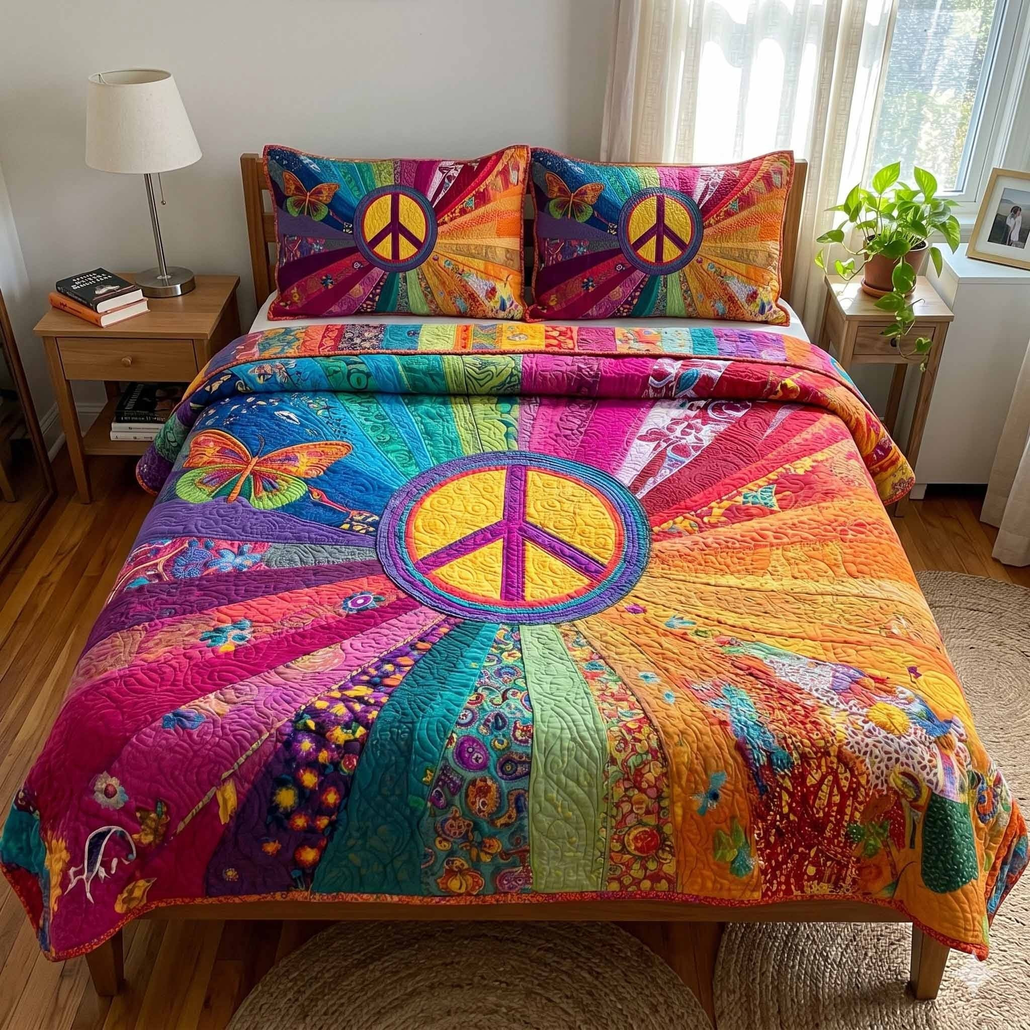 Hippie Peace Sign Quilted Bedding Set Colorful Rainbow Boho Bedspread Set Merch Decor Gift - Tradiviet