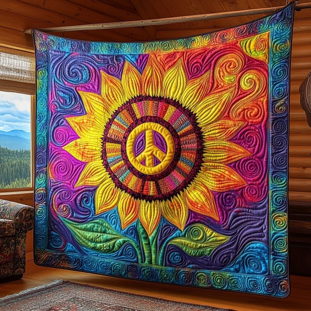 Hippie Rainbow Sunflower Quilted Blanket Bohemian Room Decor Gifts For Sunflower Lovers - Tradiviet