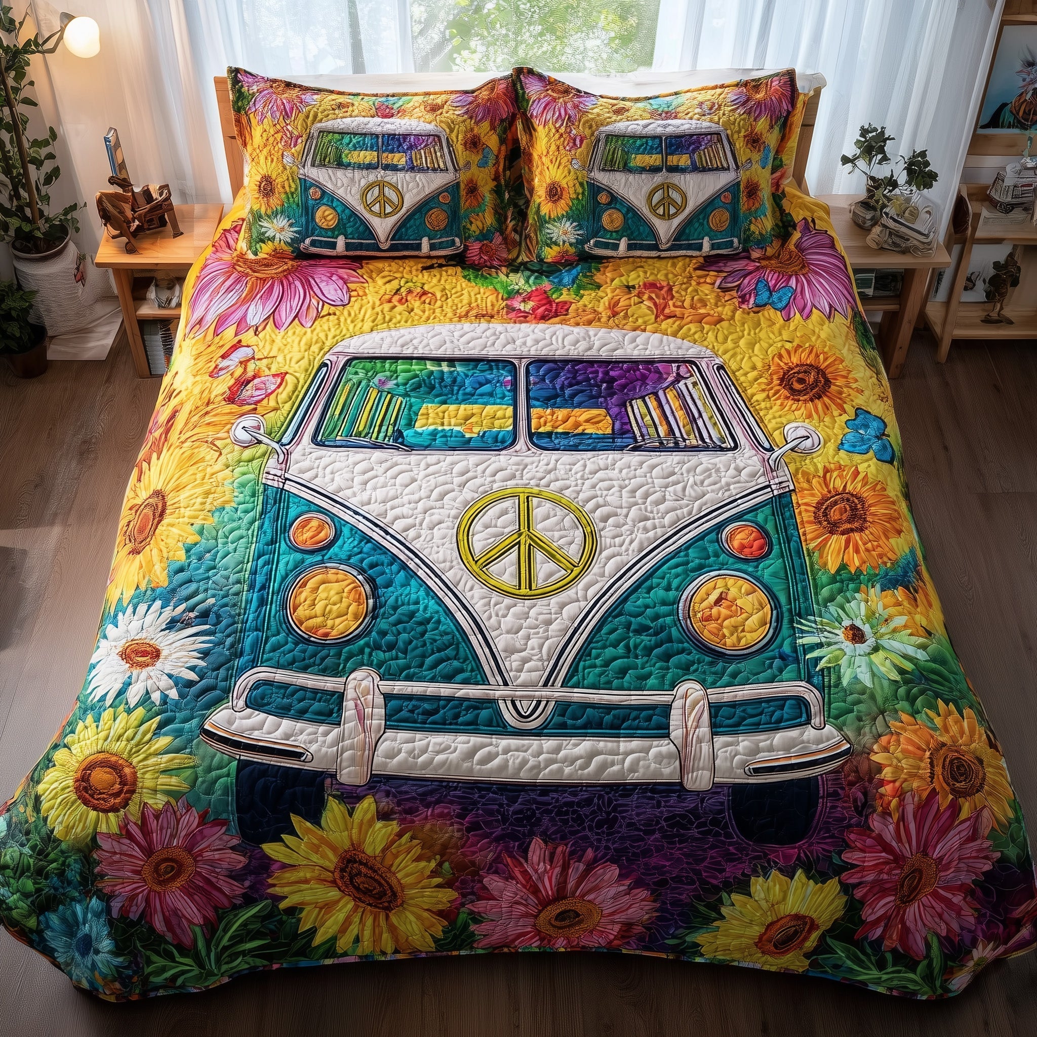 Hippie Van Quilted Bedding Set Hippie Van Calm Gift For Van Fans - Tradiviet