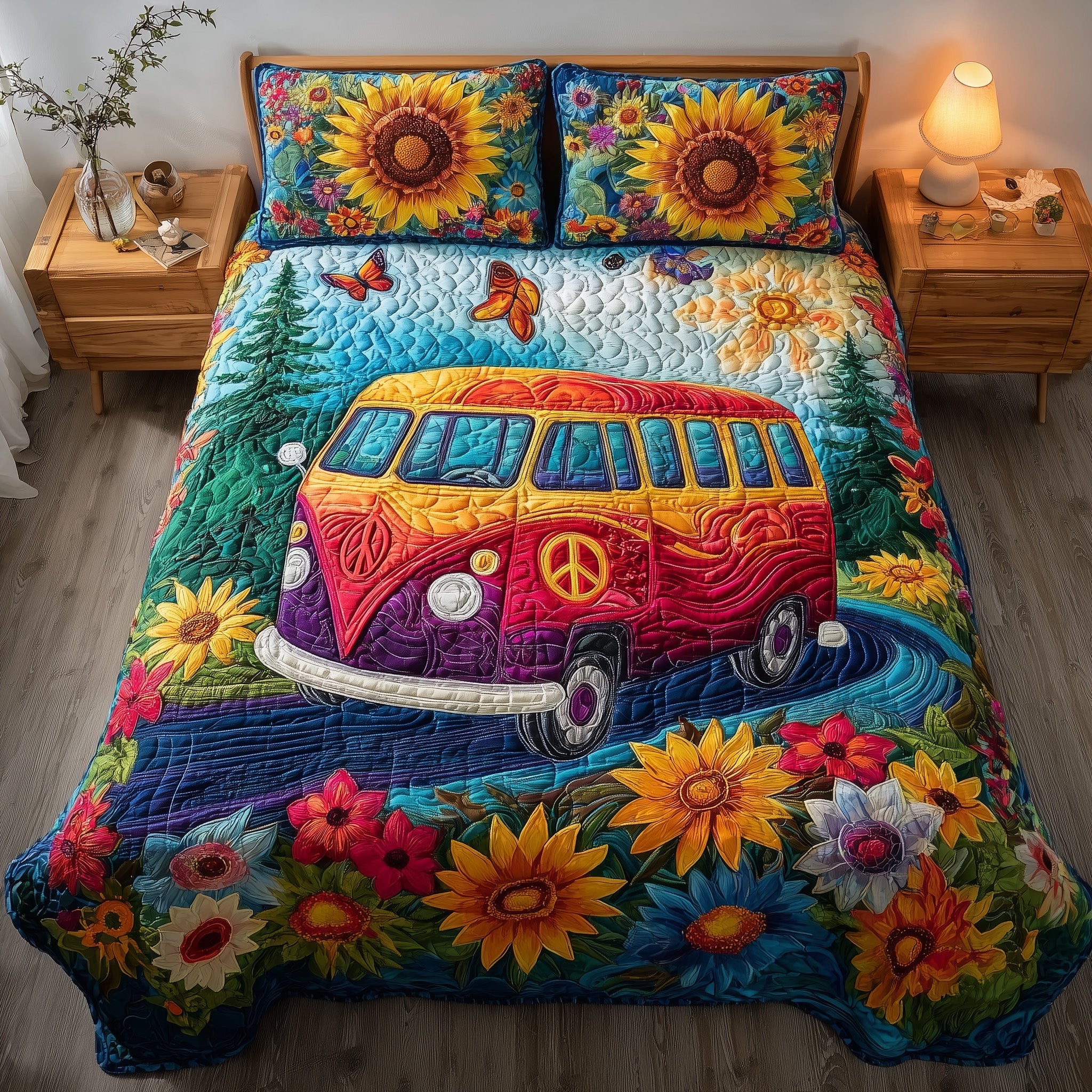 Hippie Van Quilted Bedding Set Hippie Van Garden Gift For Hippie Friends - Tradiviet