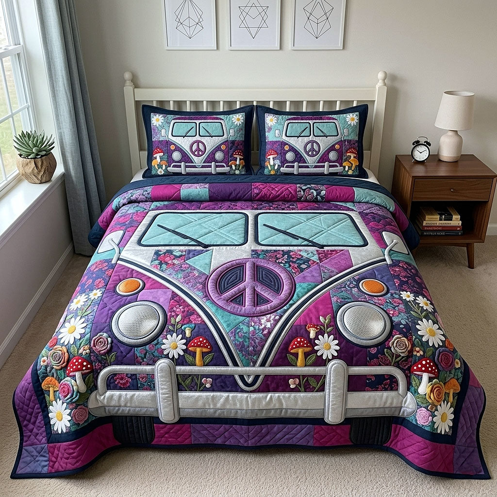 Hippie Van Quilted Bedding Set Hippie Van Hideaway Gift For Van Dad - Tradiviet