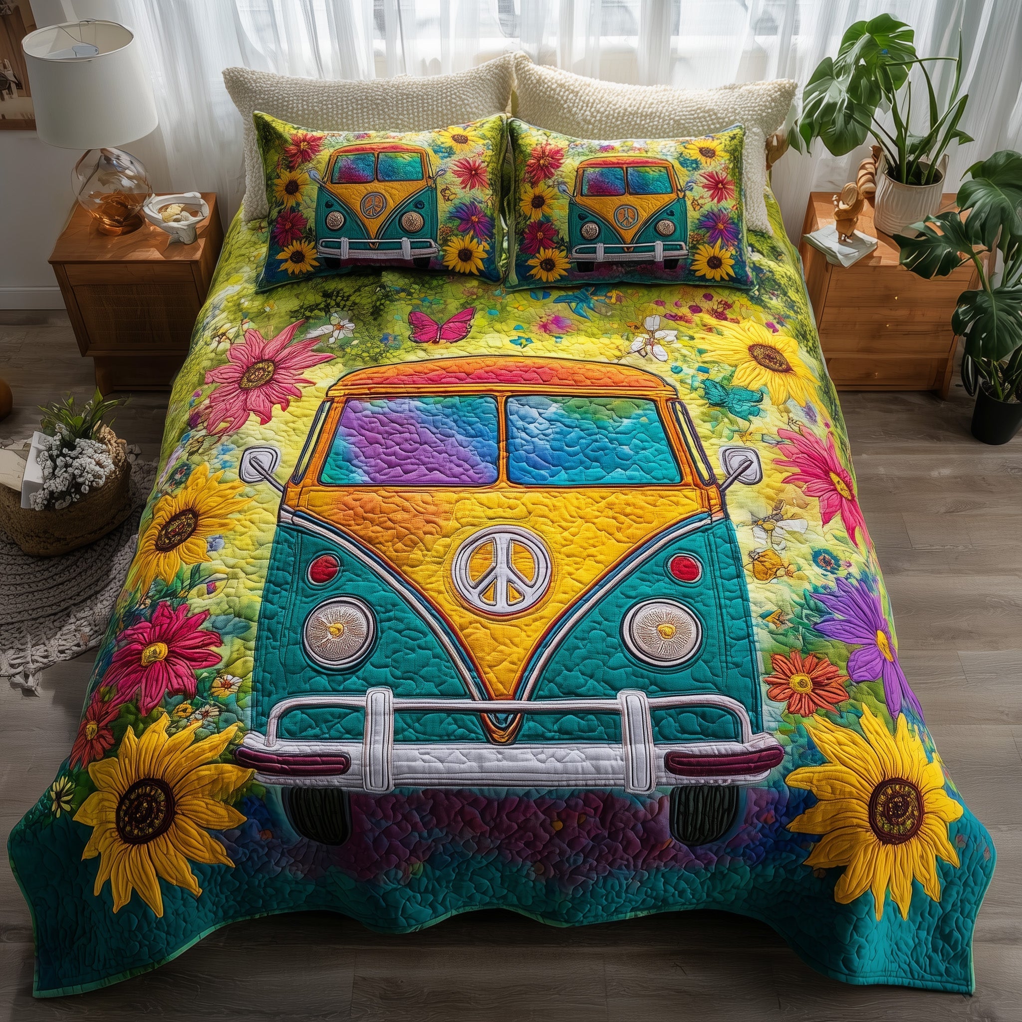 Hippie Van Quilted Bedding Set Hippie Van Lake Gift For Van Friends - Tradiviet