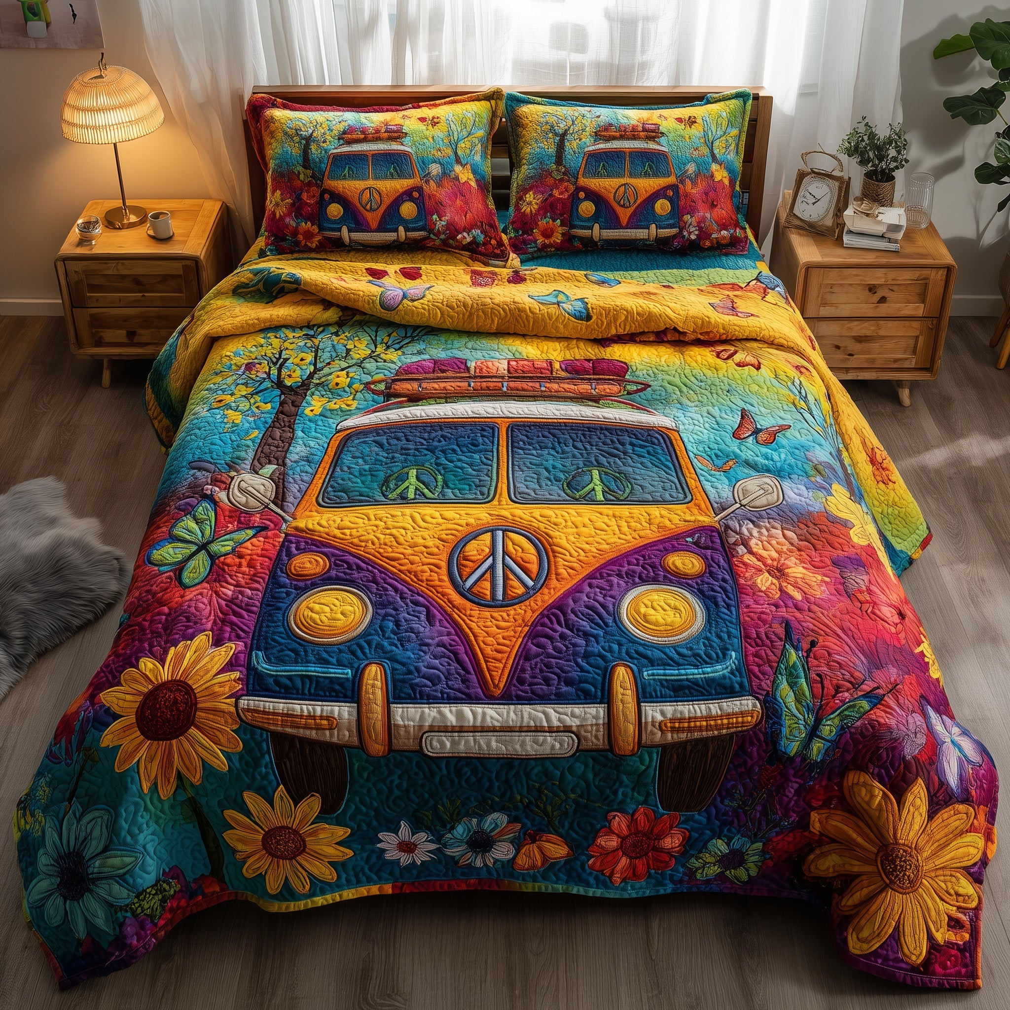 Hippie Van Quilted Bedding Set Hippie Van Touch Gift For Hippie Van - Tradiviet