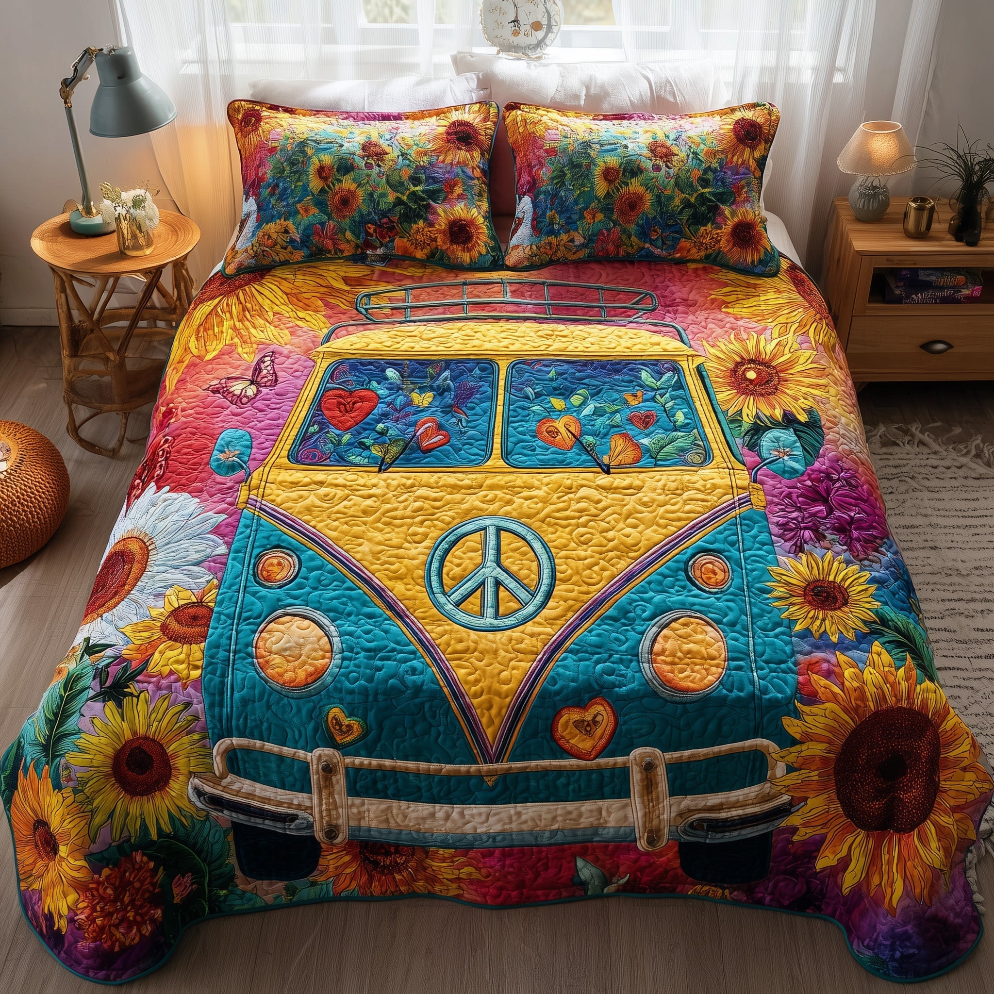Hippie Van Quilted Bedding Set Hippie Van Vintage Gift For Hippie Fans - Tradiviet