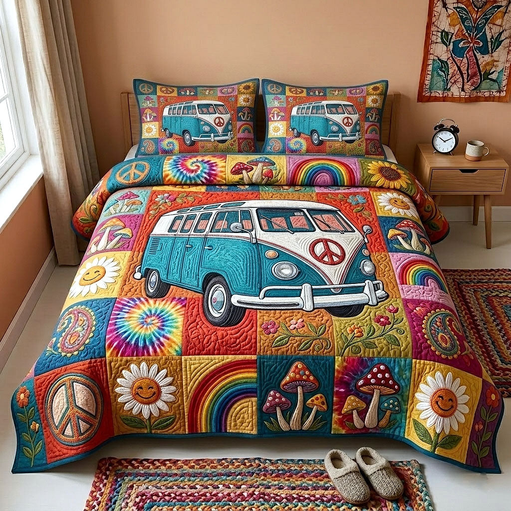 Hippie Van Quilted Bedding Set Hippie Van Weave Gift For Van Wife - Tradiviet
