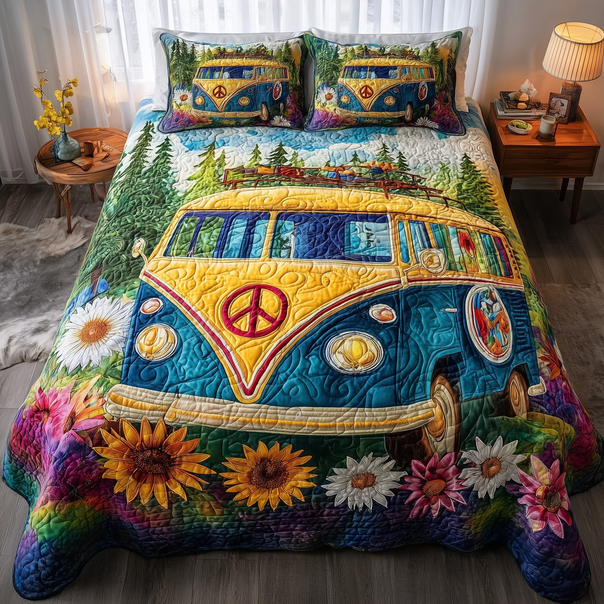 Hippie Van Quilted Bedding Set Hippie Van Woodland Gift For Van Lovers - Tradiviet