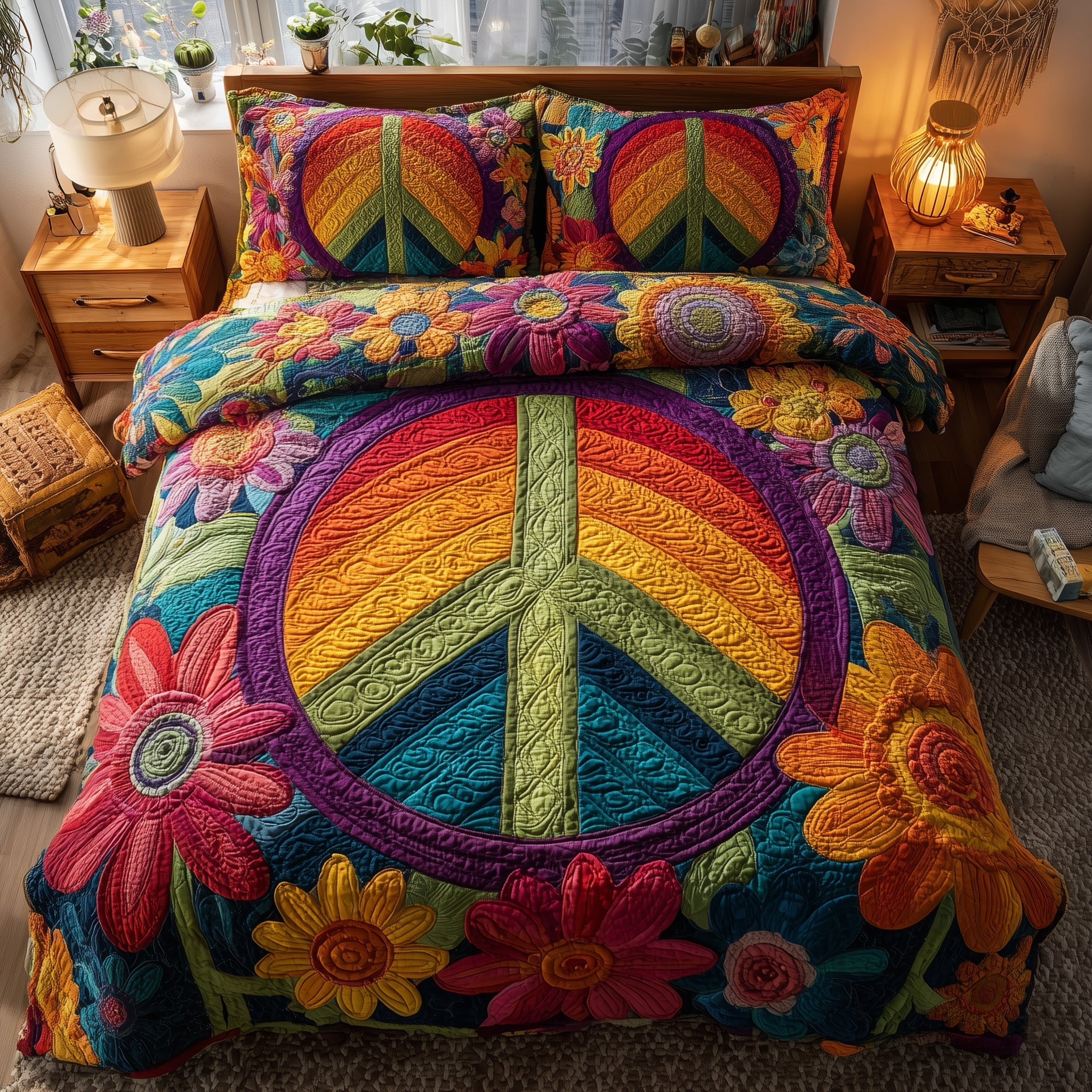 Hippie Vibe Quilted Bedding Set Hippie Vibe Bedscape Gift For Hippie Mom - Tradiviet