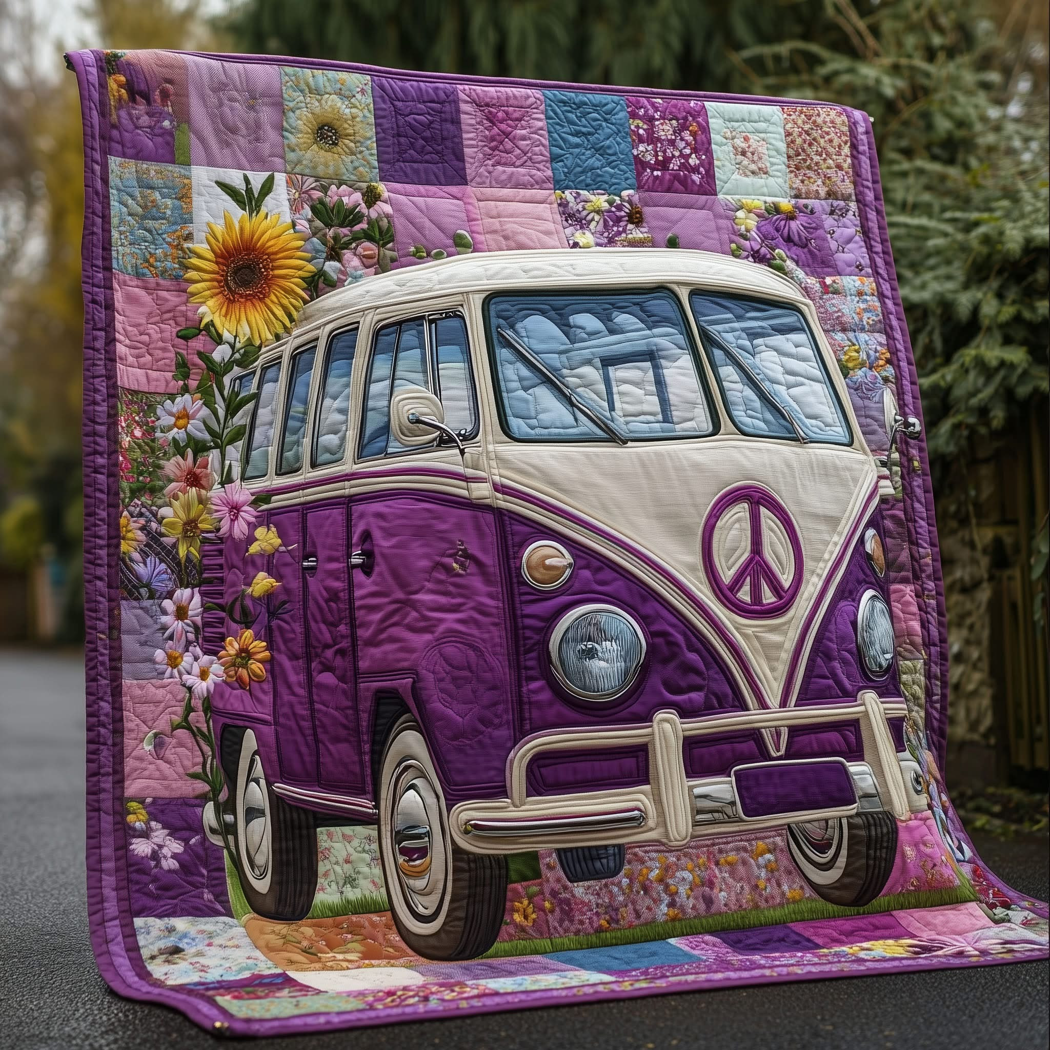 Hippie Volkswagen Bus Floral Quilted Blanket Boho Style Blanket Gifts For Women - Tradiviet
