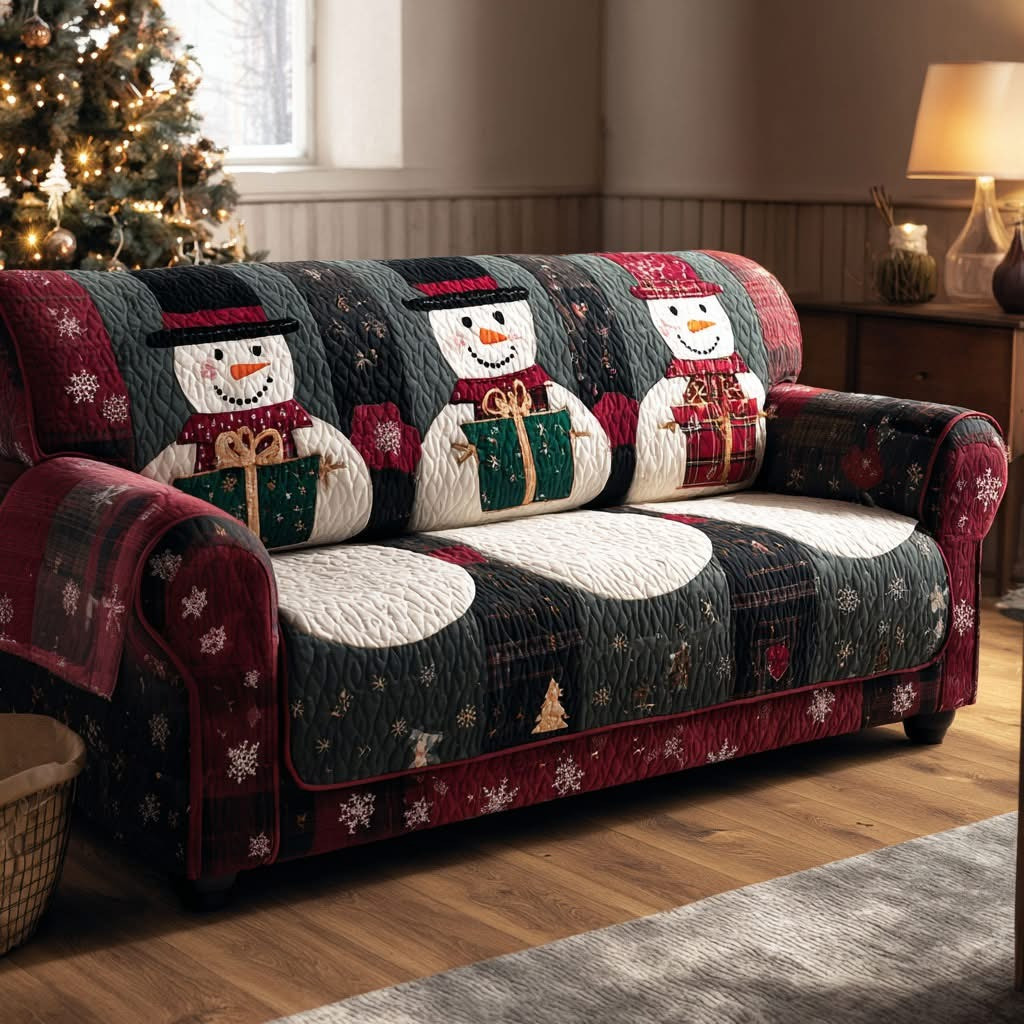 Holiday Friends Quilted Sofa Cover Christmas Couch Covers Snowman Themed Gifts - Tradiviet