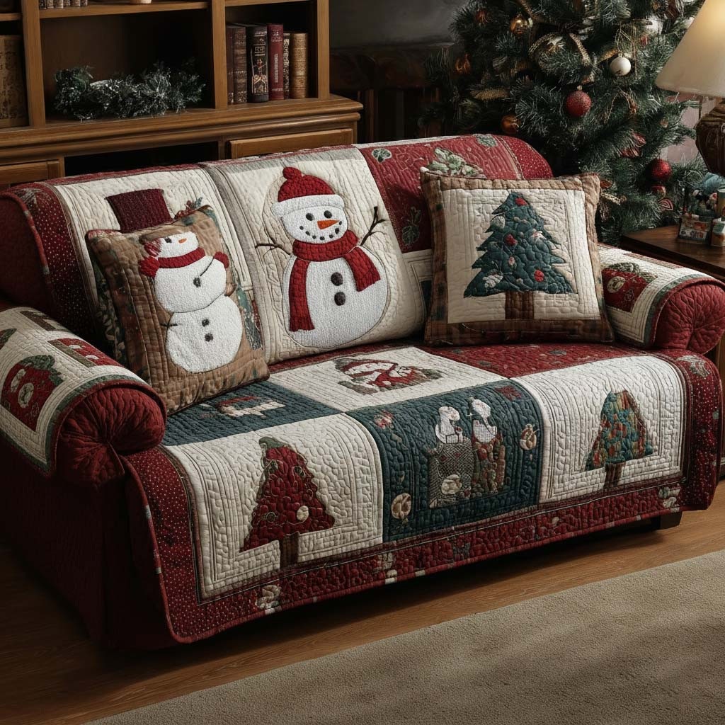Holiday Snowy Patchwork Quilted Sofa Cover Holiday Couch Covers Christmas Gift Ideas For Relatives - Tradiviet