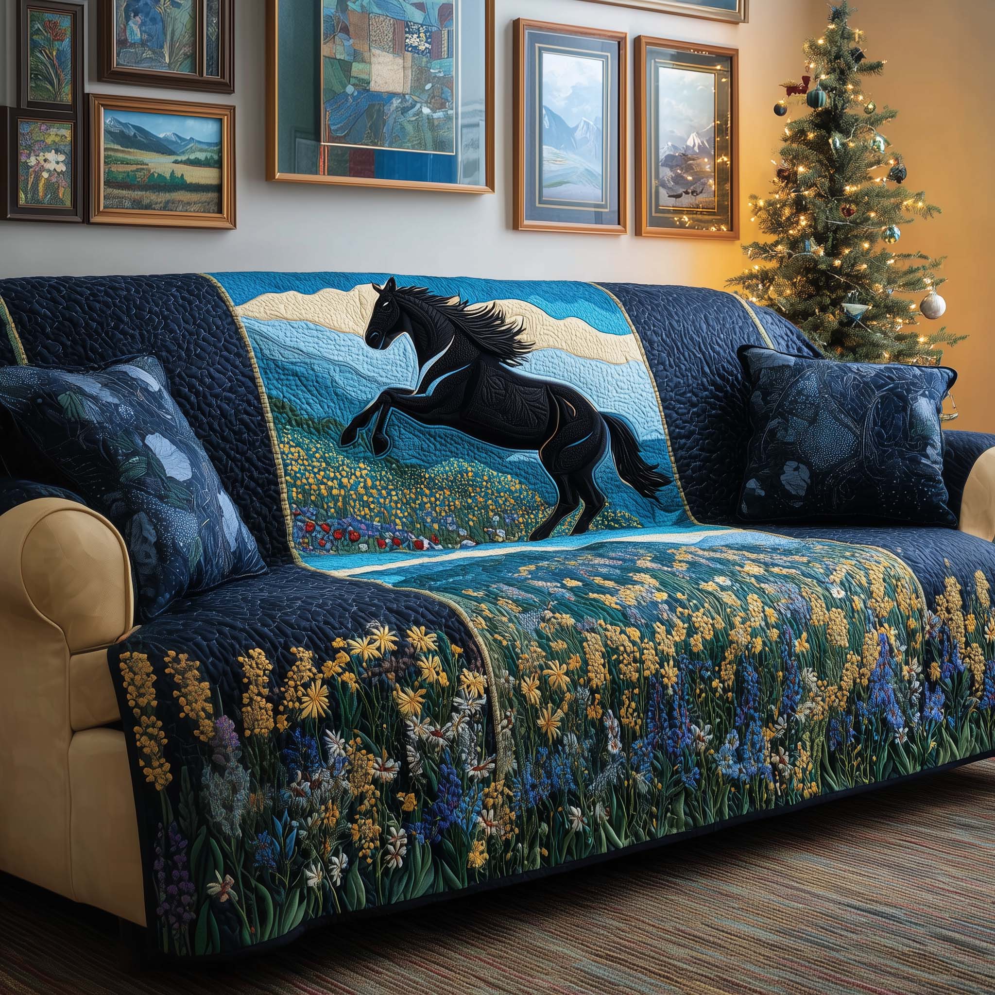 Holiday Stallion Quilted Sofa Cover Christmas Home Couch Cover Cute Holiday Lover Gifts - Tradiviet