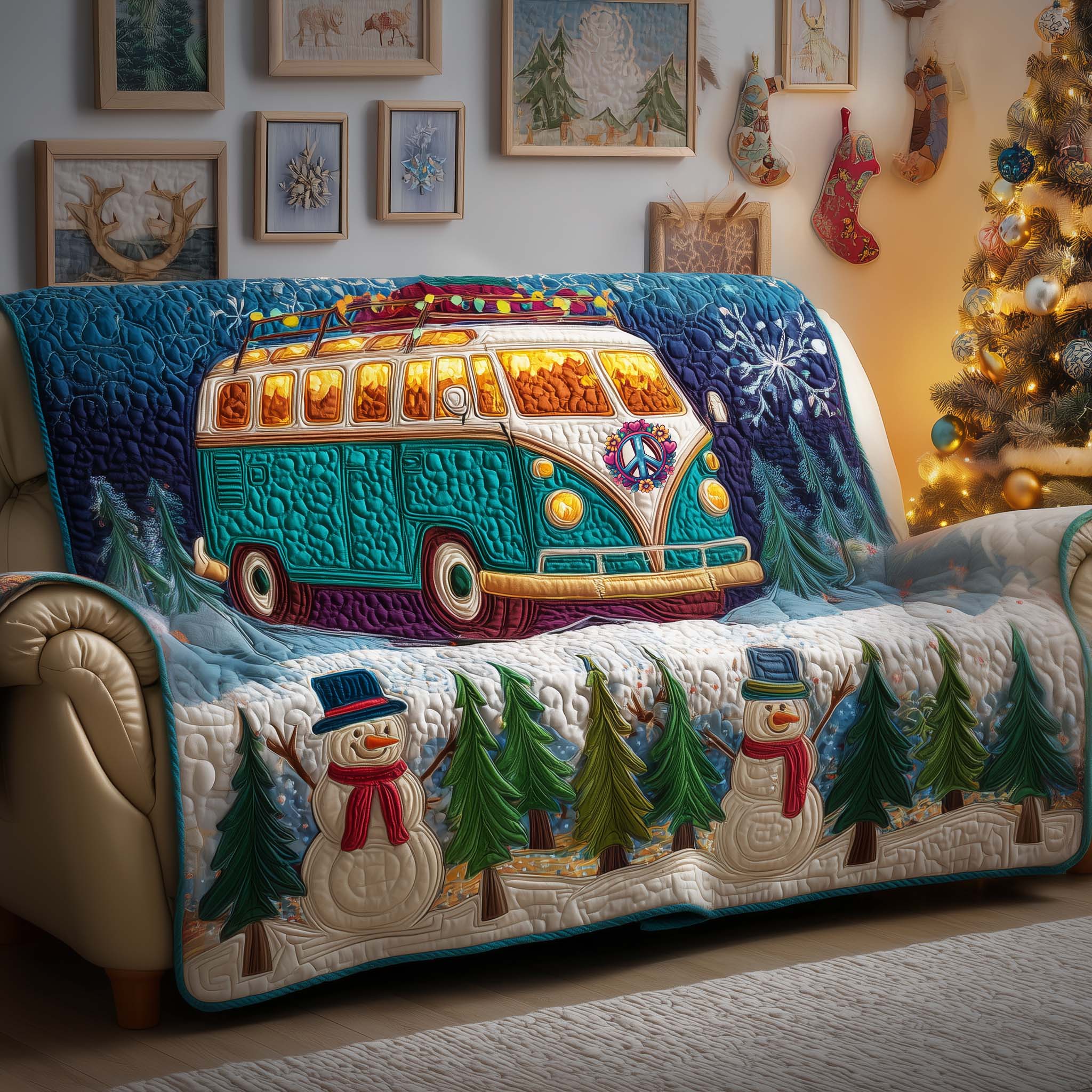 Holiday Van Quilted Sofa Cover Christmas Home Couch Cover Gift For Holiday Lovers - Tradiviet