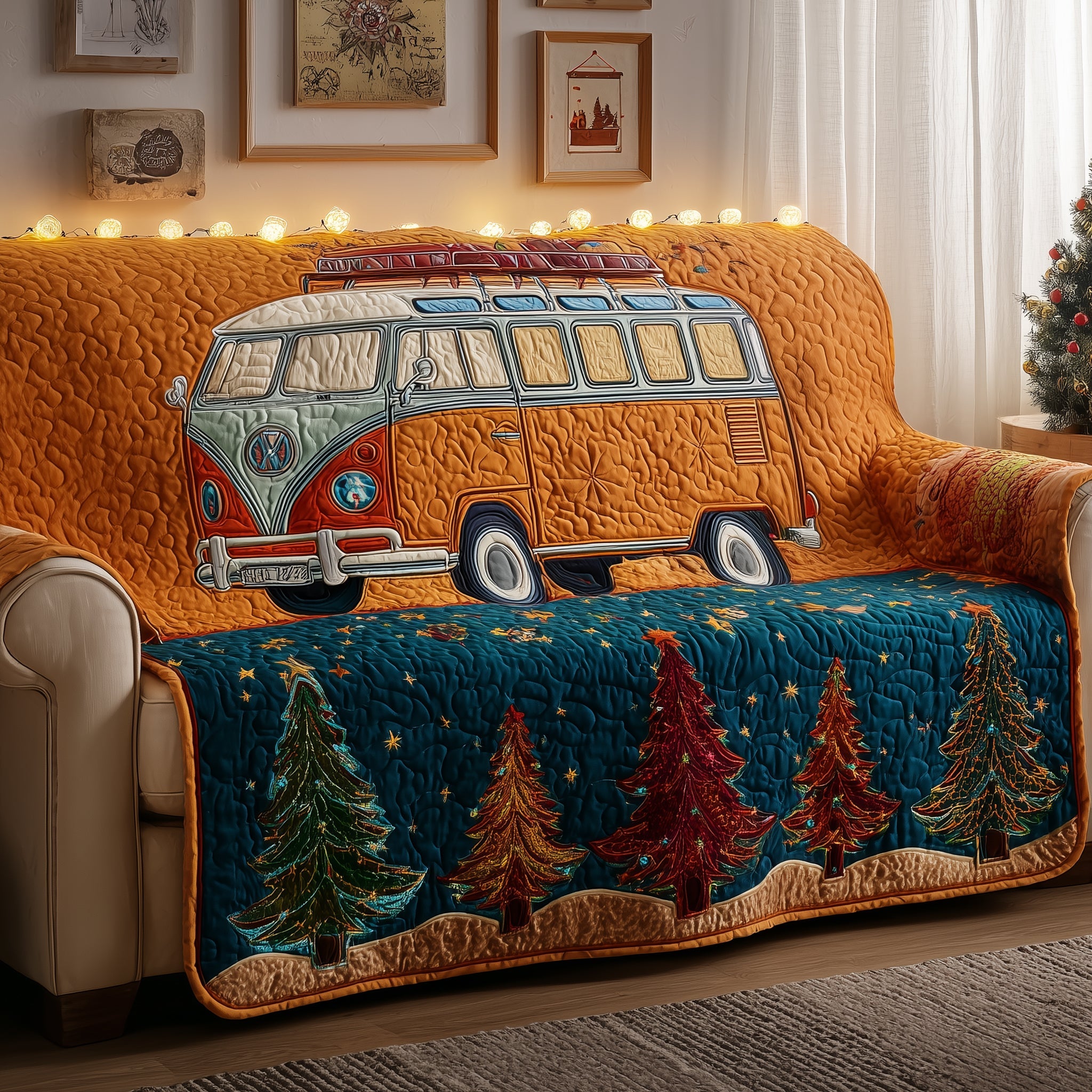 Holiday Van Quilted Sofa Cover Christmas Home Couch Cover Gifts For Holiday Fans - Tradiviet