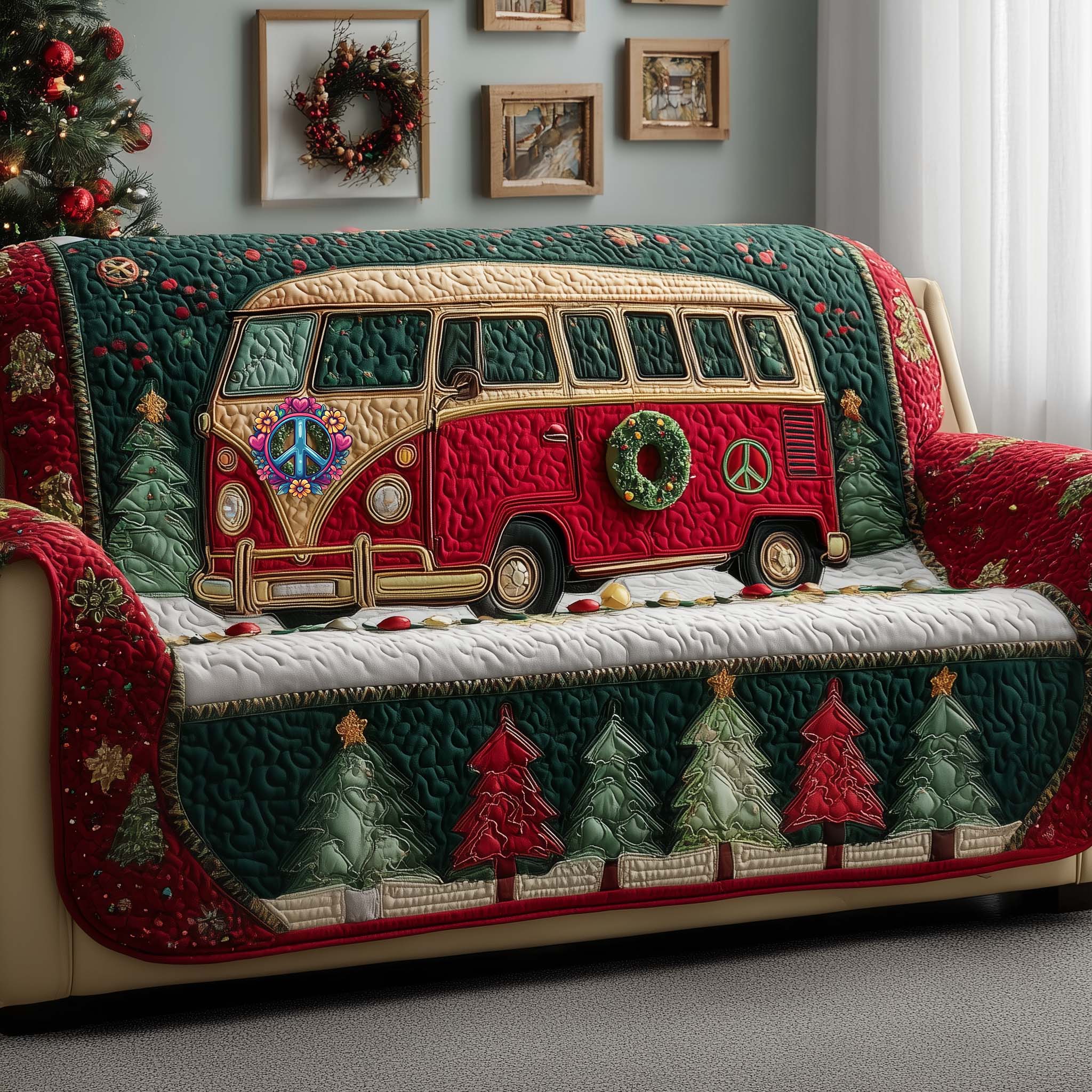 Holiday Van Quilted Sofa Cover Christmas Home Couch Cover Present For Holiday Lovers - Tradiviet