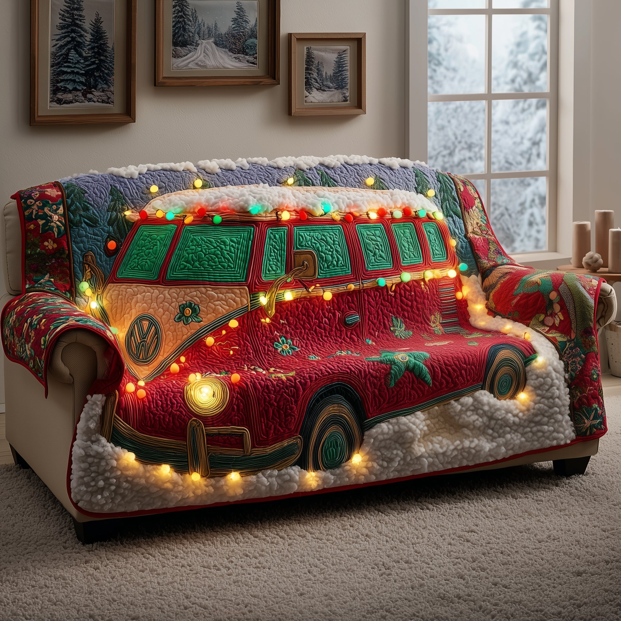 Holiday Van Quilted Sofa Cover Christmas Home Couch Cover Top Holiday Lover Gifts - Tradiviet
