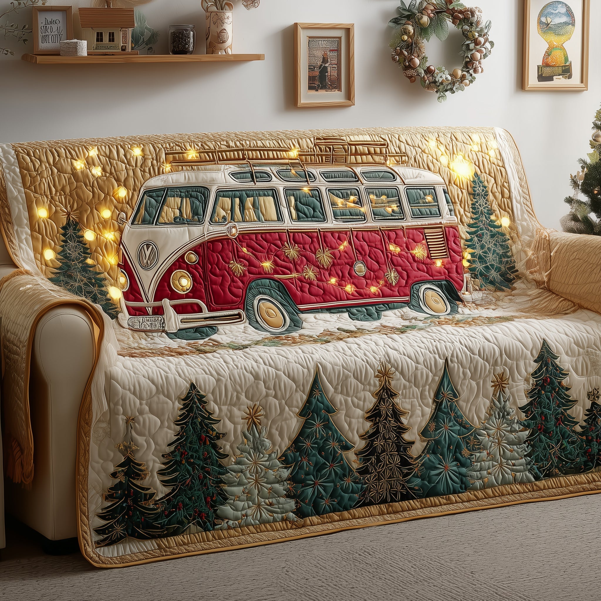 Holiday Van Quilted Sofa Cover Christmas Home Couch Cover Unique Holiday Lover Gifts - Tradiviet