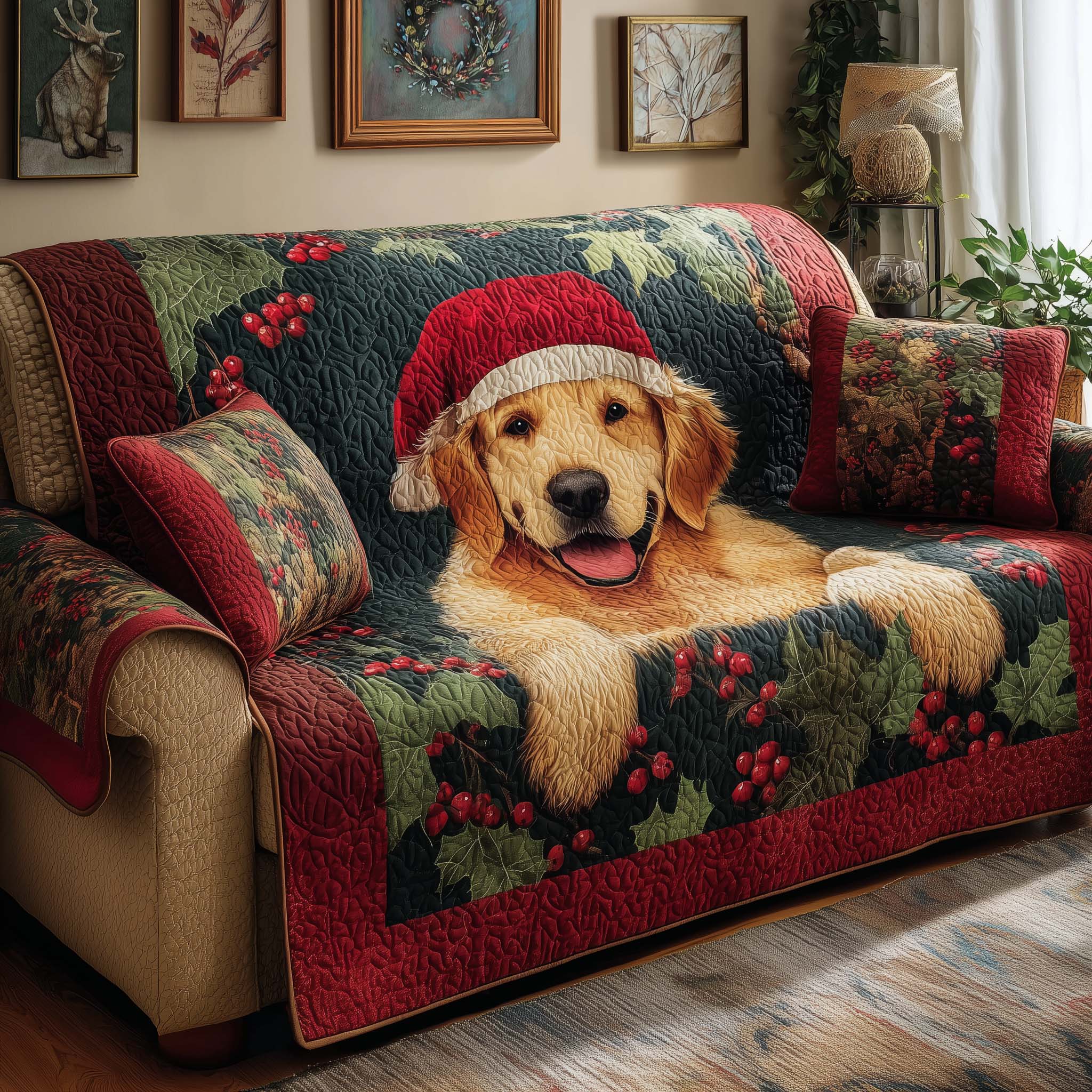 Holly Pup Quilted Sofa Cover Christmas Home Couch Cover Best Room Decor Gifts - Tradiviet
