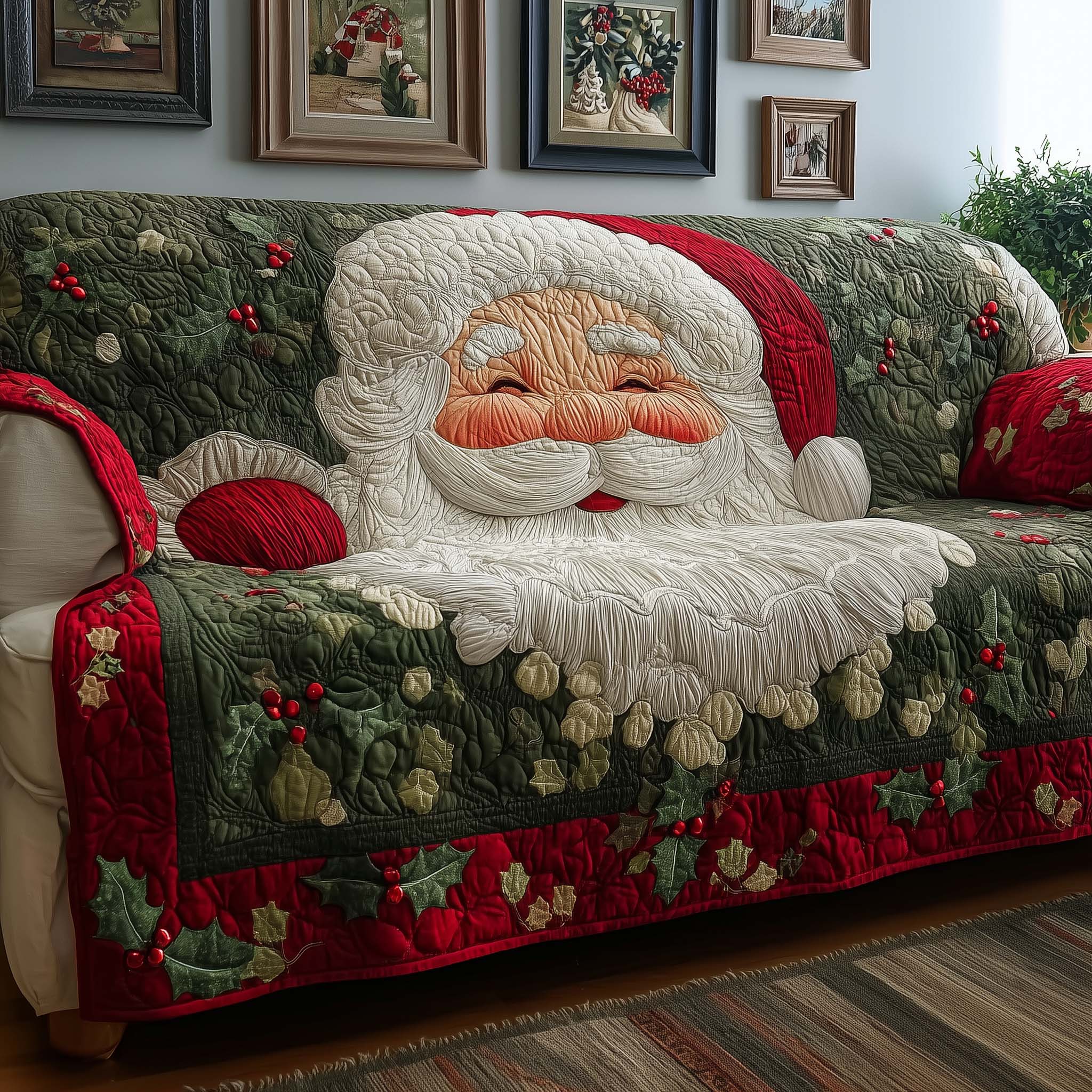 Holly Santa Quilted Sofa Cover Christmas Home Couch Cover Cool Room Decor Gifts - Tradiviet