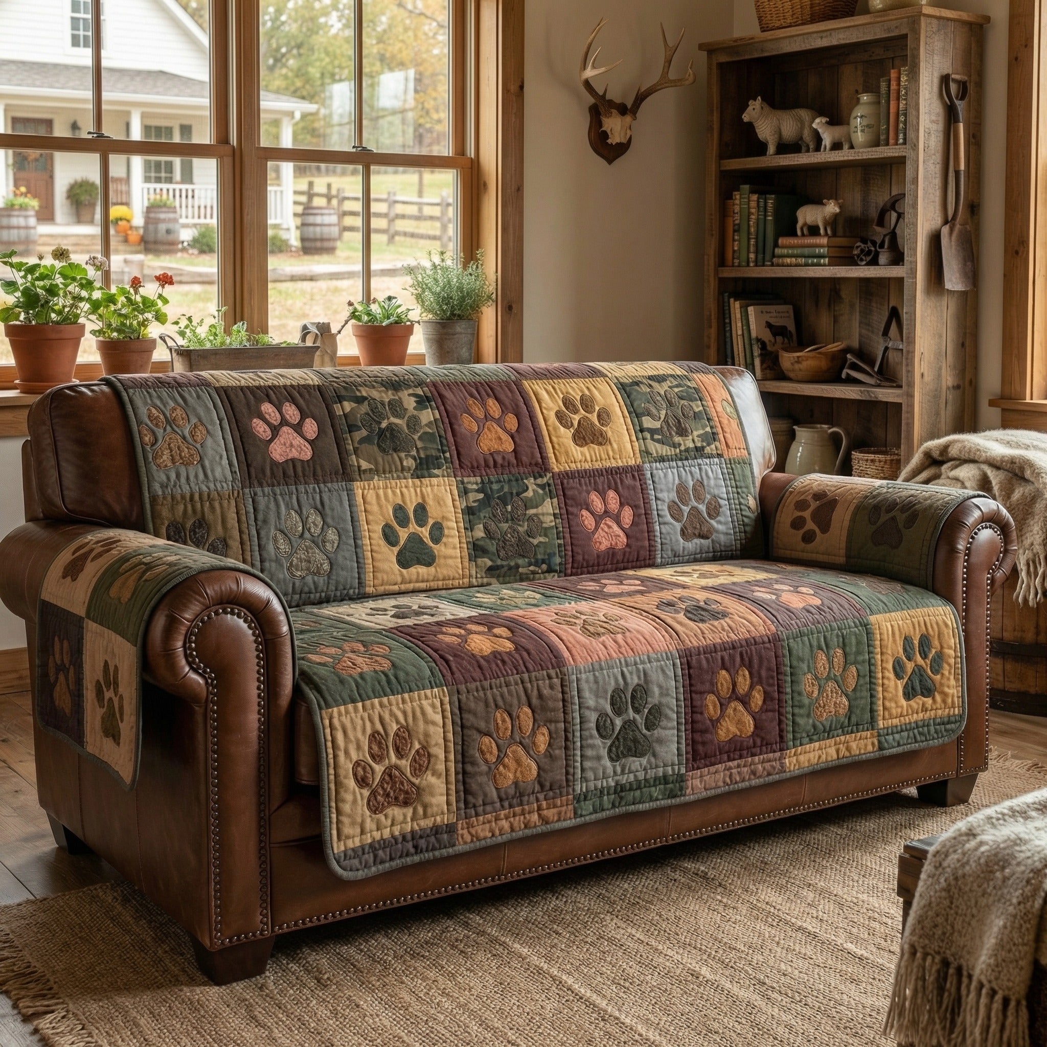 Homestead Paw Trail Quilted Sofa Cover Seasonal Home Room Decor Present For Home Lovers - Tradiviet