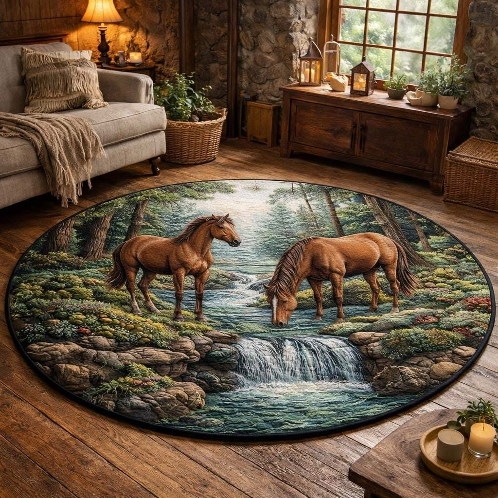 Horse Forest Creek Pair Quilted Round Mat Rustic Themed Home Decor Gifts For Horse Lovers - Tradiviet