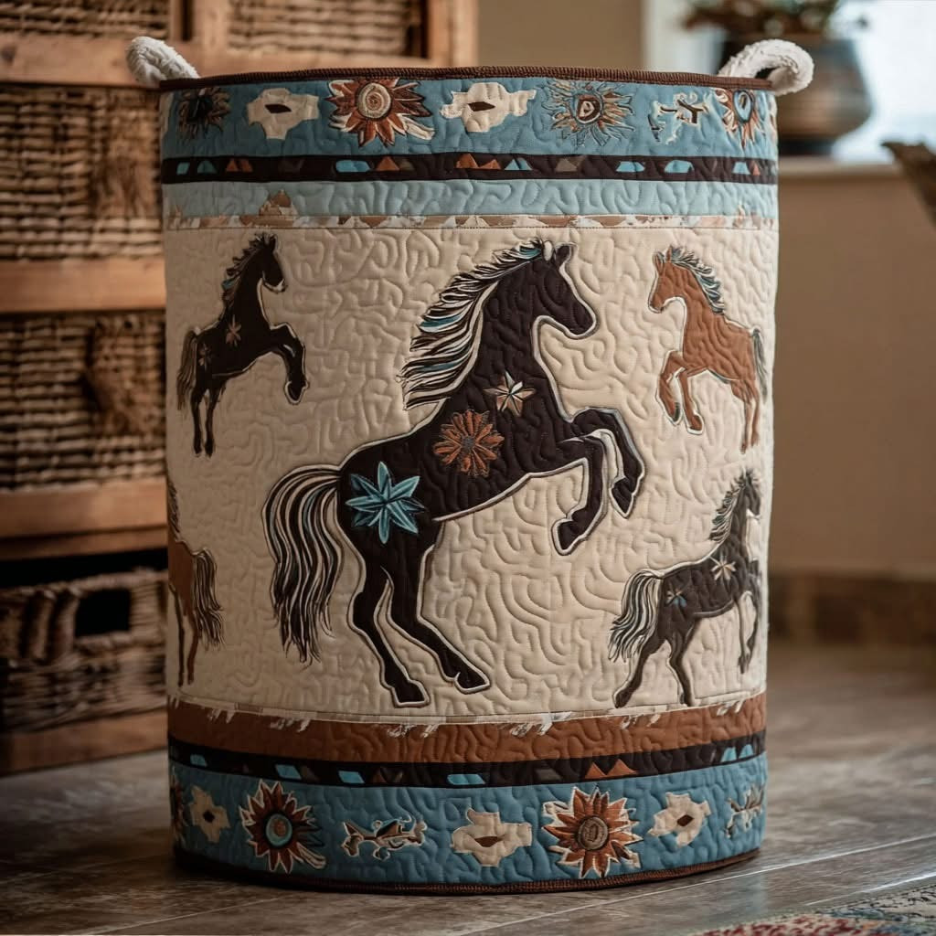 Horse Sagebrush Freedom Quilted Laundry Basket Best Clothes Hamper Gift Ideas For Horse Lovers - Tradiviet