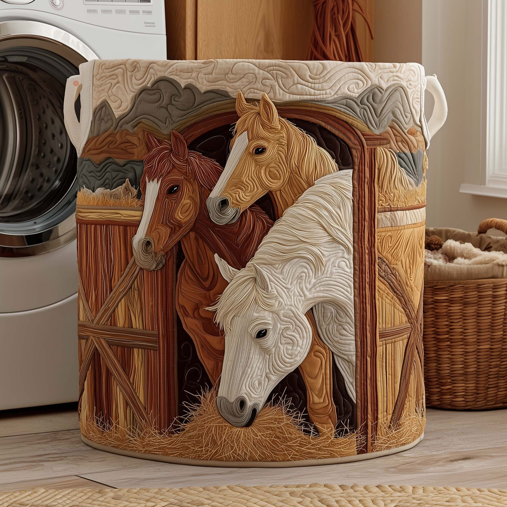 Horse Village Farm Quilted Laundry Basket Rustic Clothes Basket Best Gifts For Horse Lovers - Tradiviet