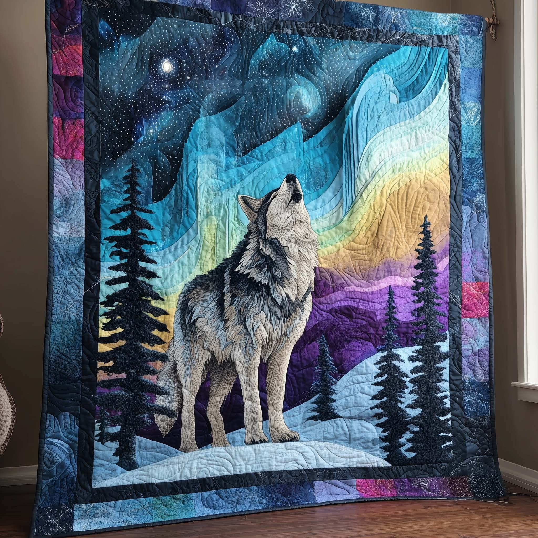 Howling Wolf Aurora Borealis Quilted Blanket Best Unique Gifts For Wolf Lovers For Him Her - Tradiviet