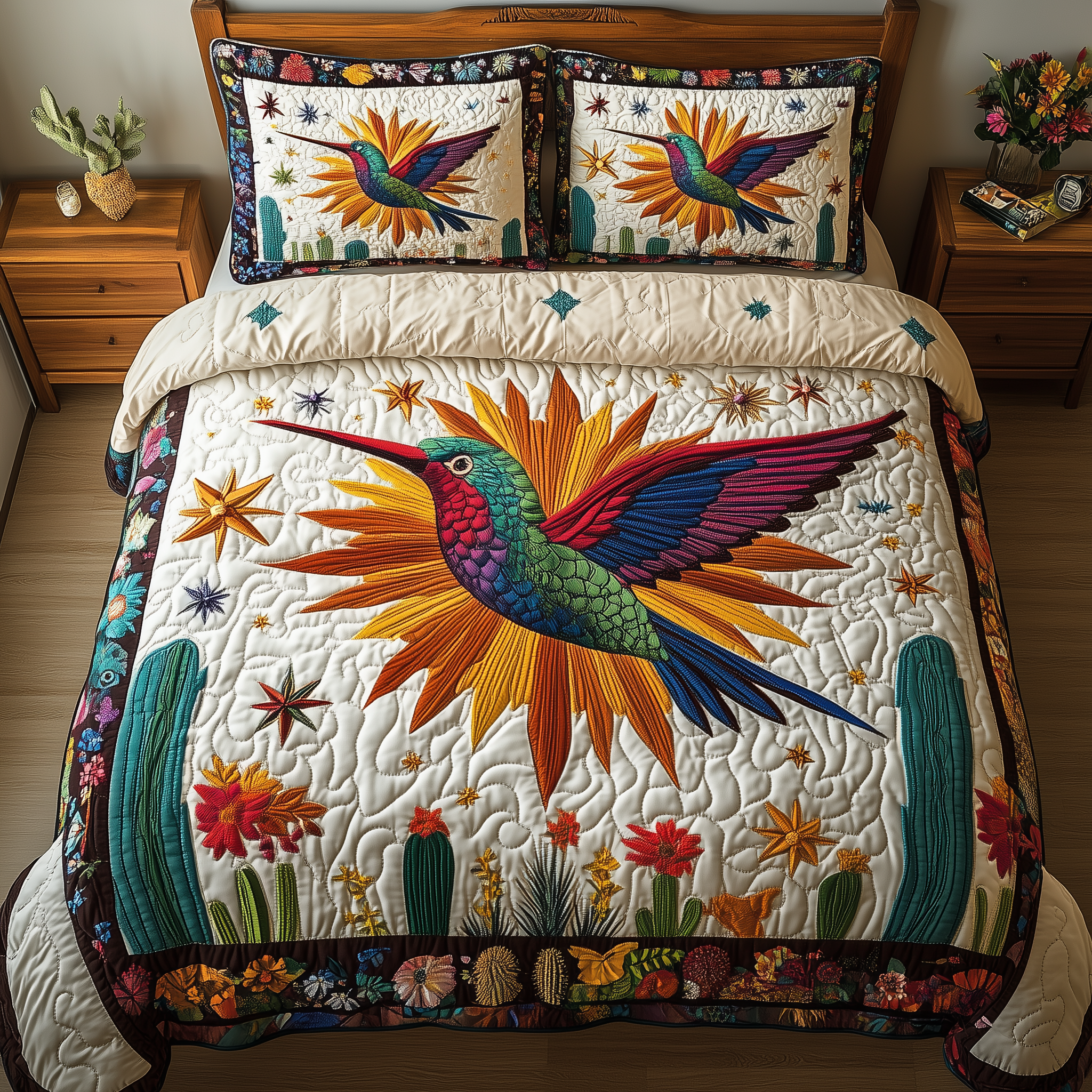 Hummingbird Cactus Flight Quilted Bedding Set Hummingbird Cactus Spirit Bird Gift For Him - Tradiviet