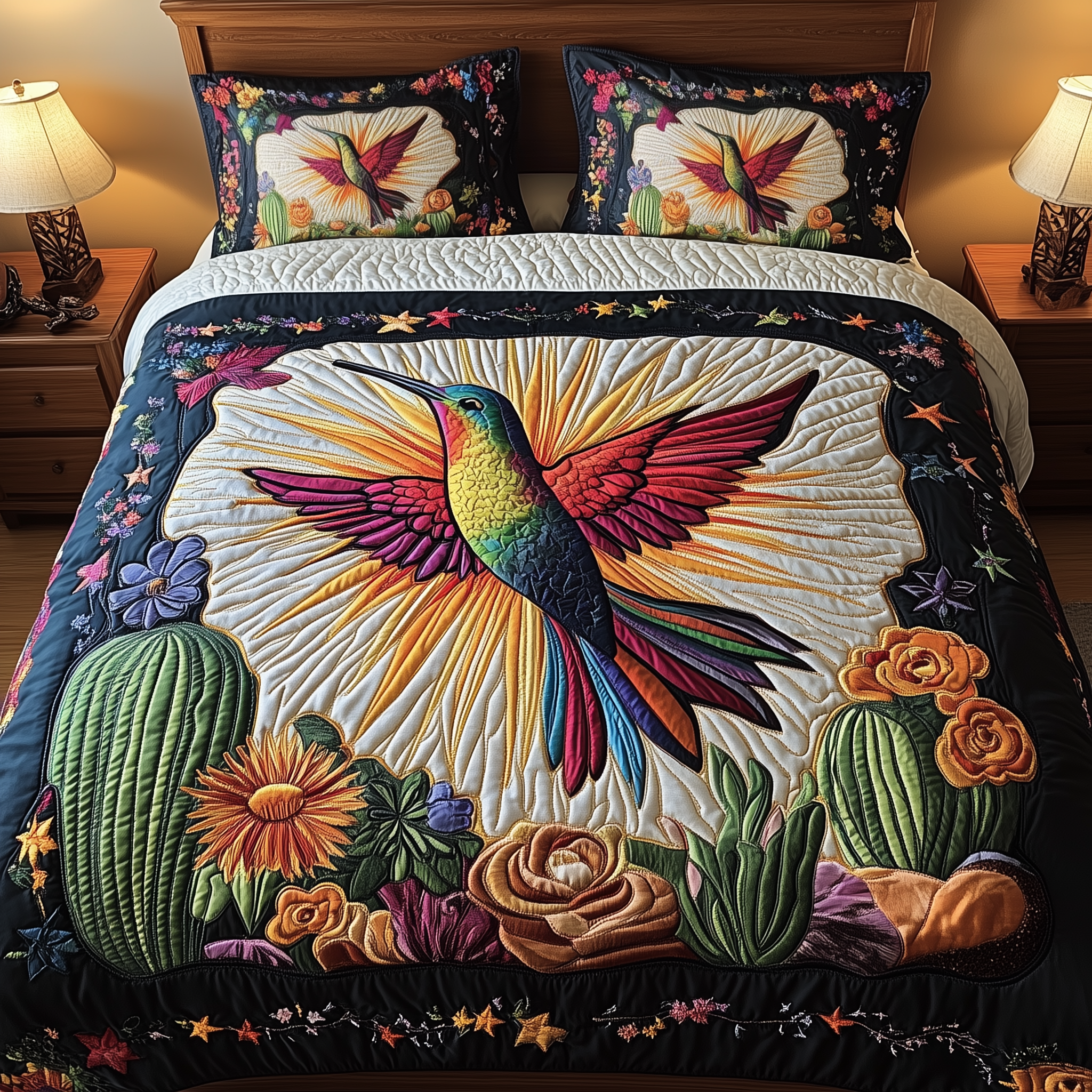 Hummingbird Desert Bloom Quilted Bedding Set Hummingbird Desert Inspiration Bird Gift For Mom - Tradiviet