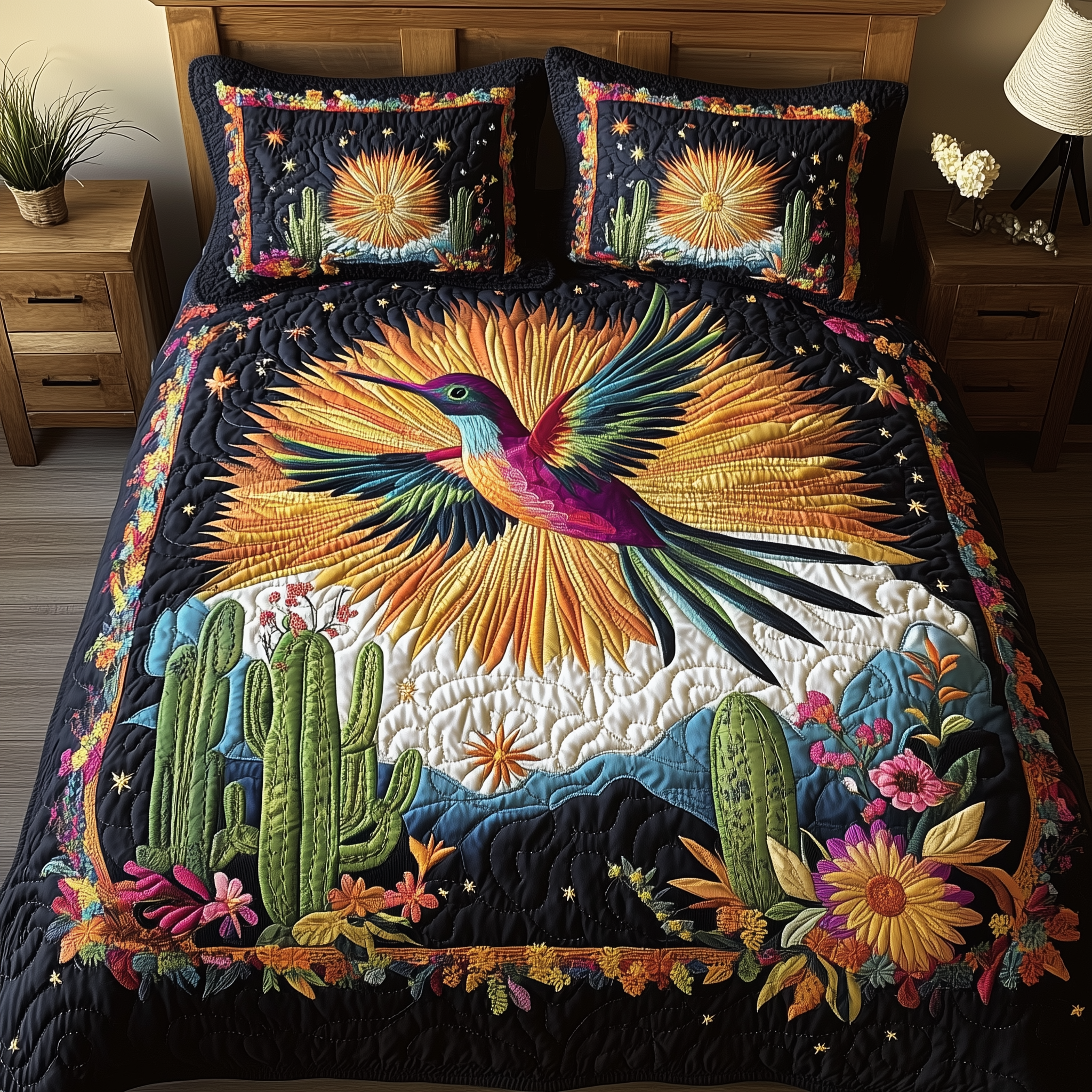 Hummingbird Desert Symphony Quilted Bedding Set Hummingbird Desert Setting Bird Gift For Her - Tradiviet