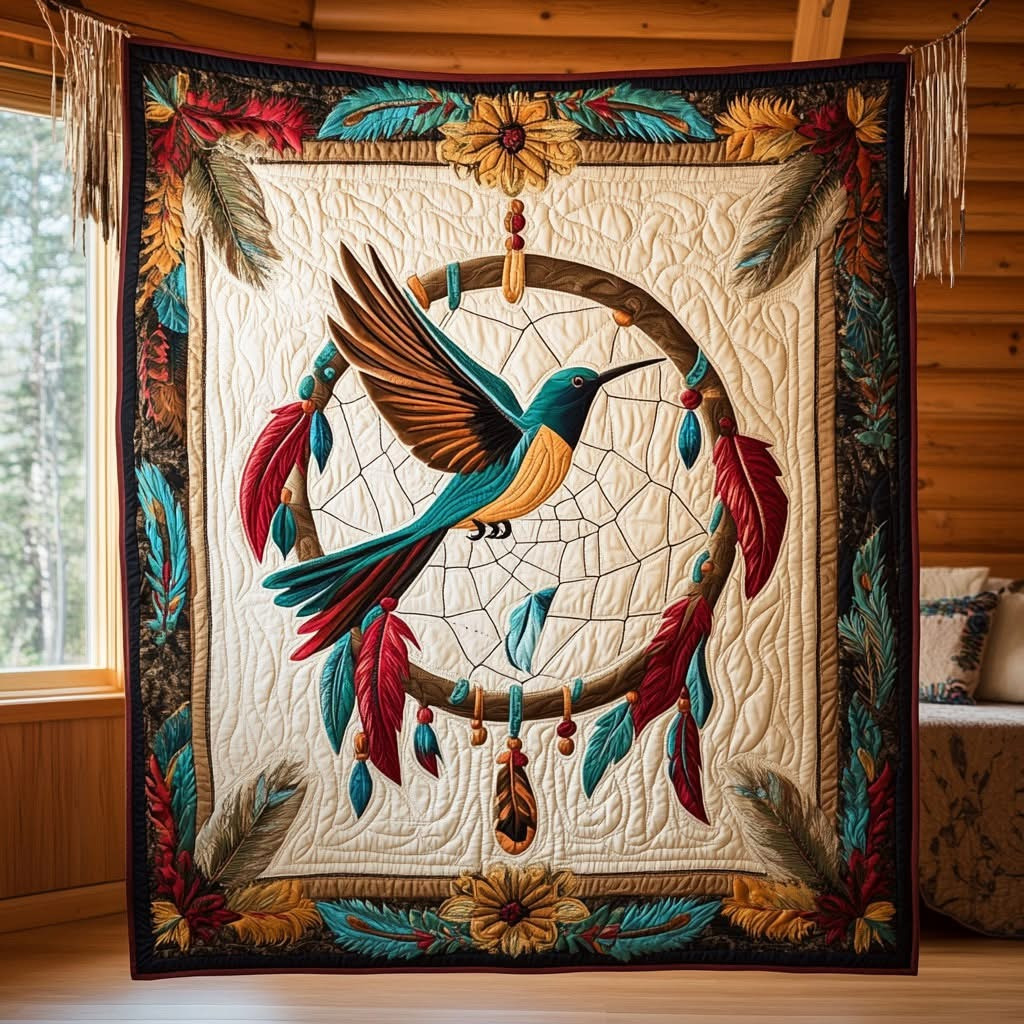 Hummingbird Dreamcatcher Quilt Blanket Native Feather Best Gifts For Hummingbird Lovers - Tradiviet