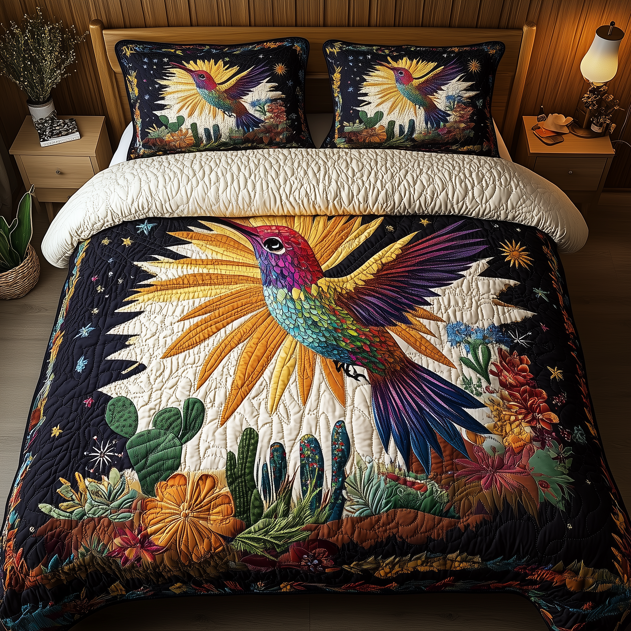 Hummingbird Floral Escape Quilted Bedding Set Hummingbird Floral Motif Bird Fan Gift Ideas - Tradiviet