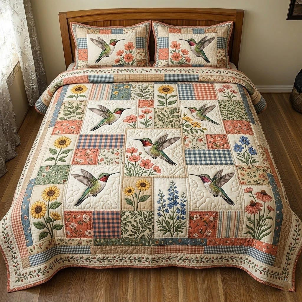 Hummingbird Garden Quilted Bedding Set Hummingbird Garden Layer Gift For Her - Tradiviet